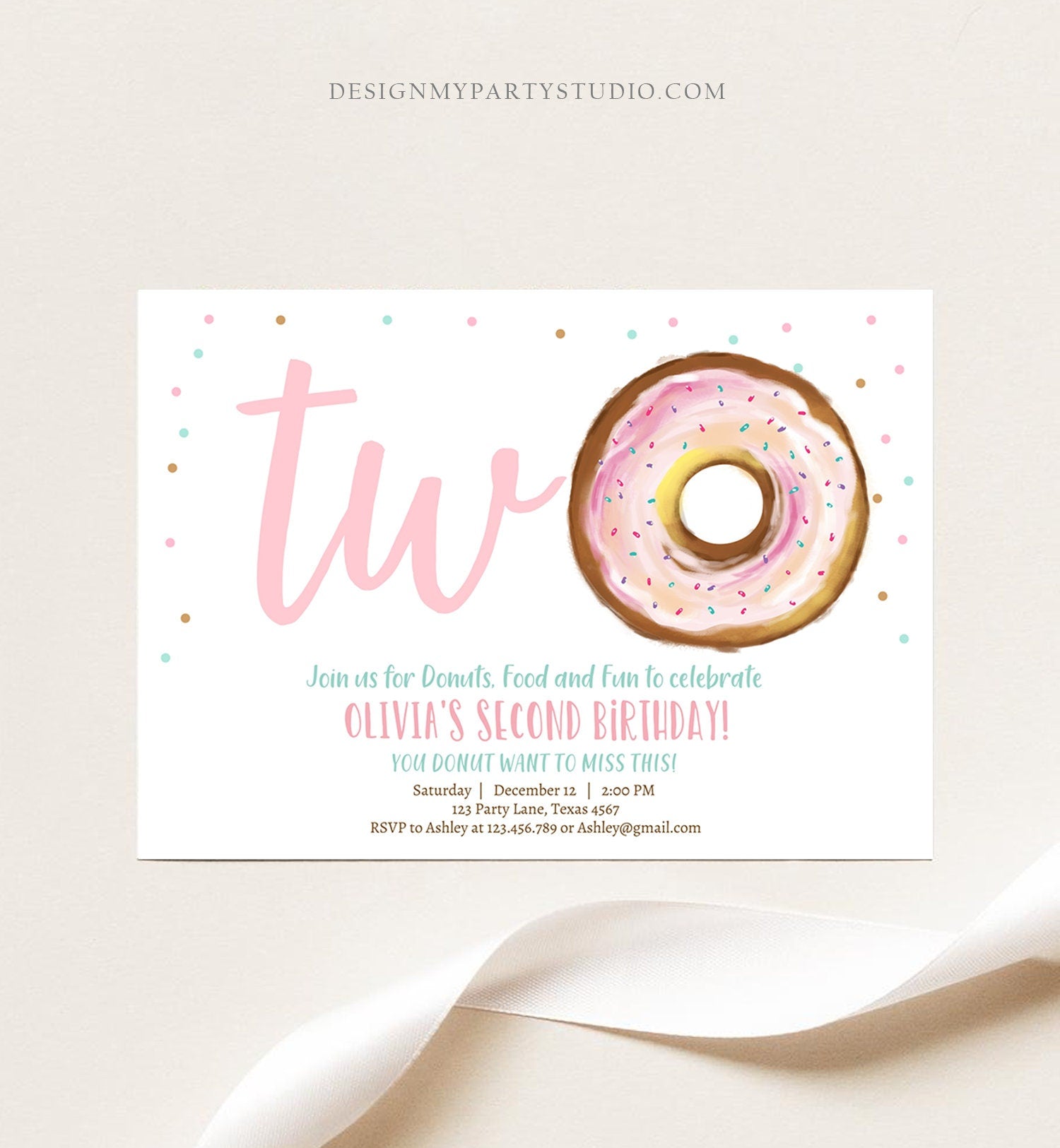 Editable Donut 2nd Birthday Invitation Second Birthday Invite Pink Donut Girl Two Sweet Party Digital Download Printable Template Corjl 0368