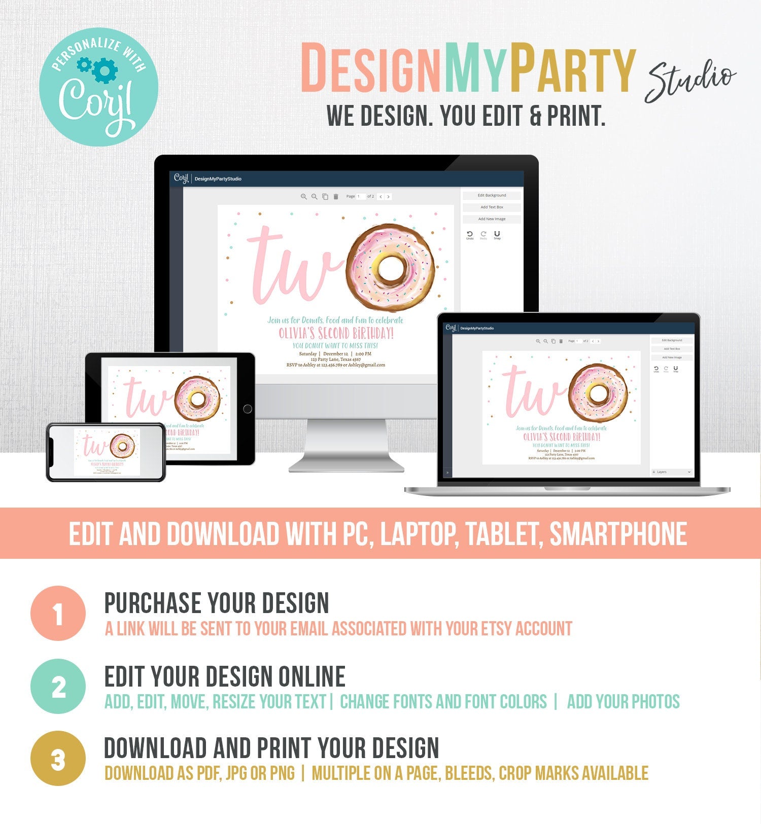 Editable Donut 2nd Birthday Invitation Second Birthday Invite Pink Donut Girl Two Sweet Party Digital Download Printable Template Corjl 0368