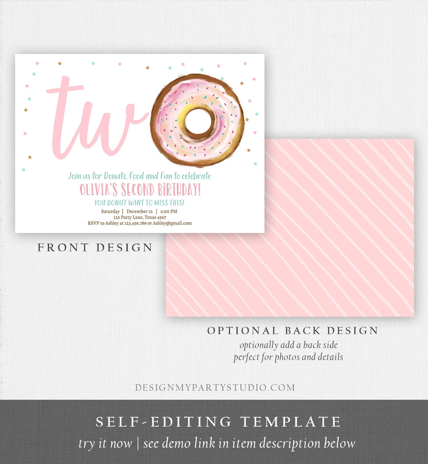 Editable Donut 2nd Birthday Invitation Second Birthday Invite Pink Donut Girl Two Sweet Party Digital Download Printable Template Corjl 0368