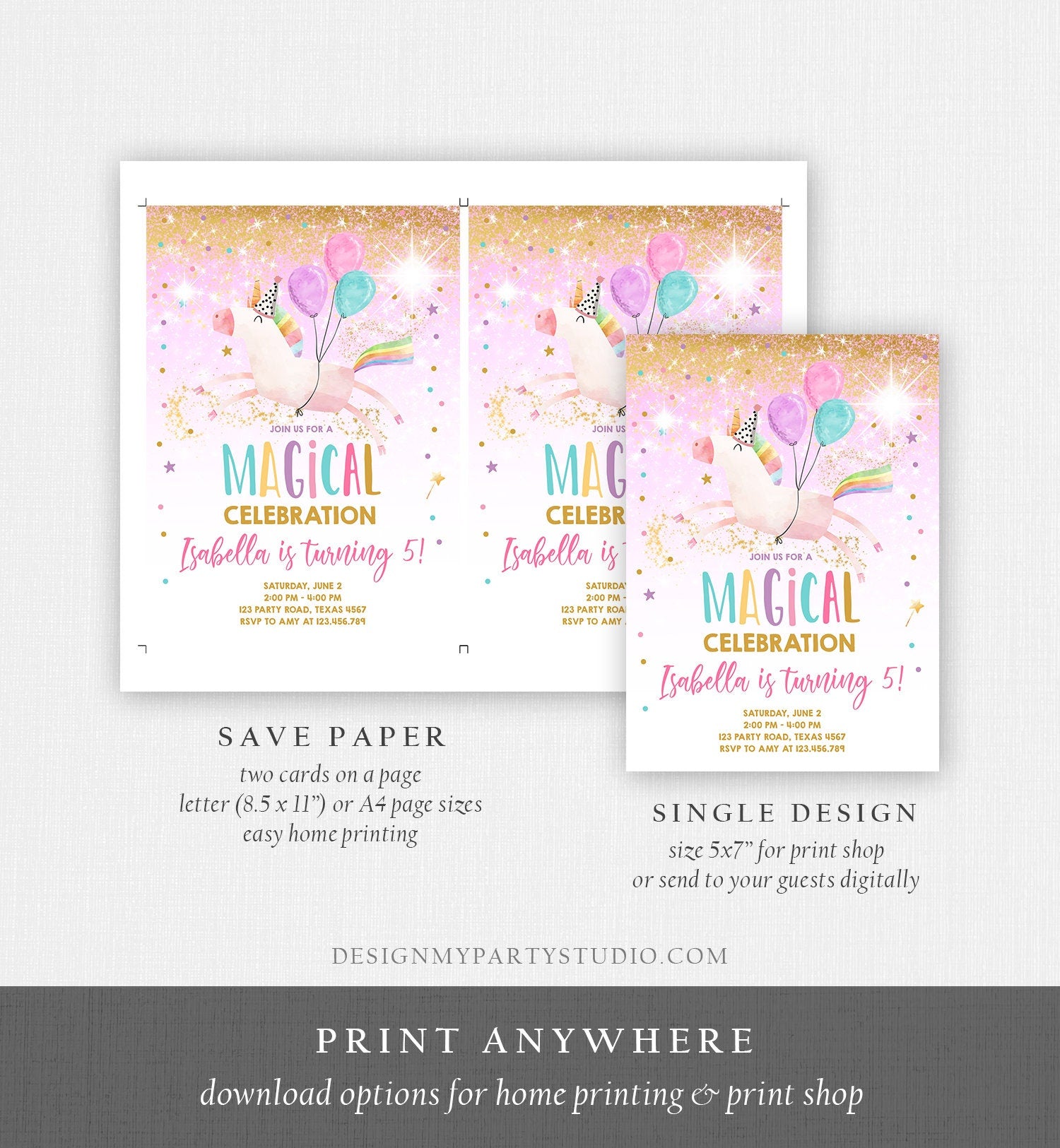 Editable Unicorn Birthday Invitation Magical Party Invite Girl Pink Gold Birthday Digital Invite Template Rainbow Download Evite 0336