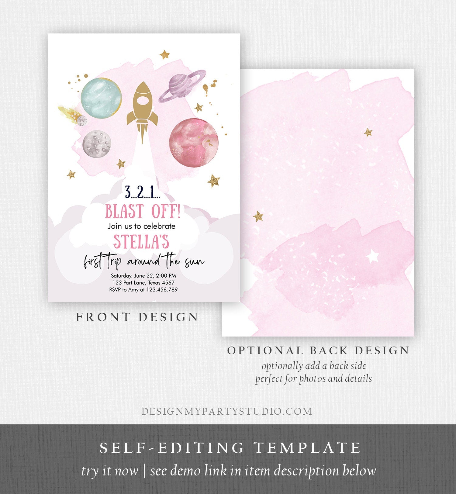 Editable Outer Space Girl First Birthday Invitation Galaxy Blast Off First Trip Space Rocket Pink Digital Download Template Printable 0357