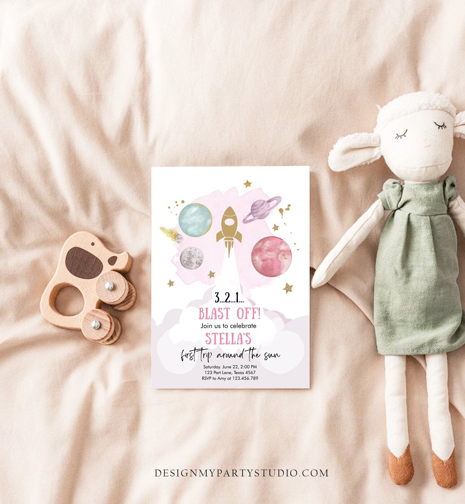 Editable Outer Space Girl First Birthday Invitation Galaxy Blast Off First Trip Space Rocket Pink Digital Download Template Printable 0357