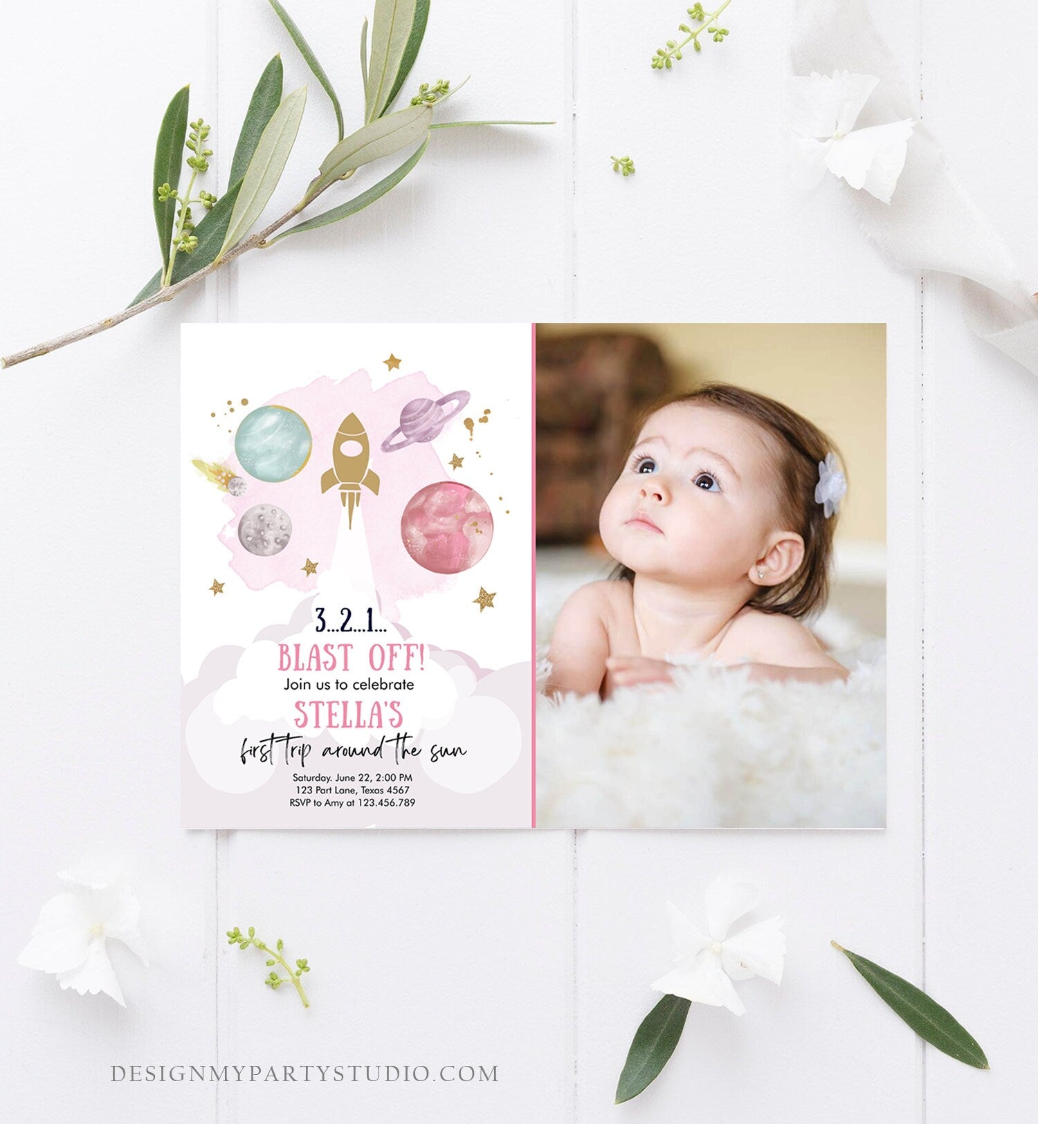 Editable Outer Space Girl First Birthday Invitation Galaxy Blast Off First Trip Space Rocket Pink Download Evite Template Printable 0357