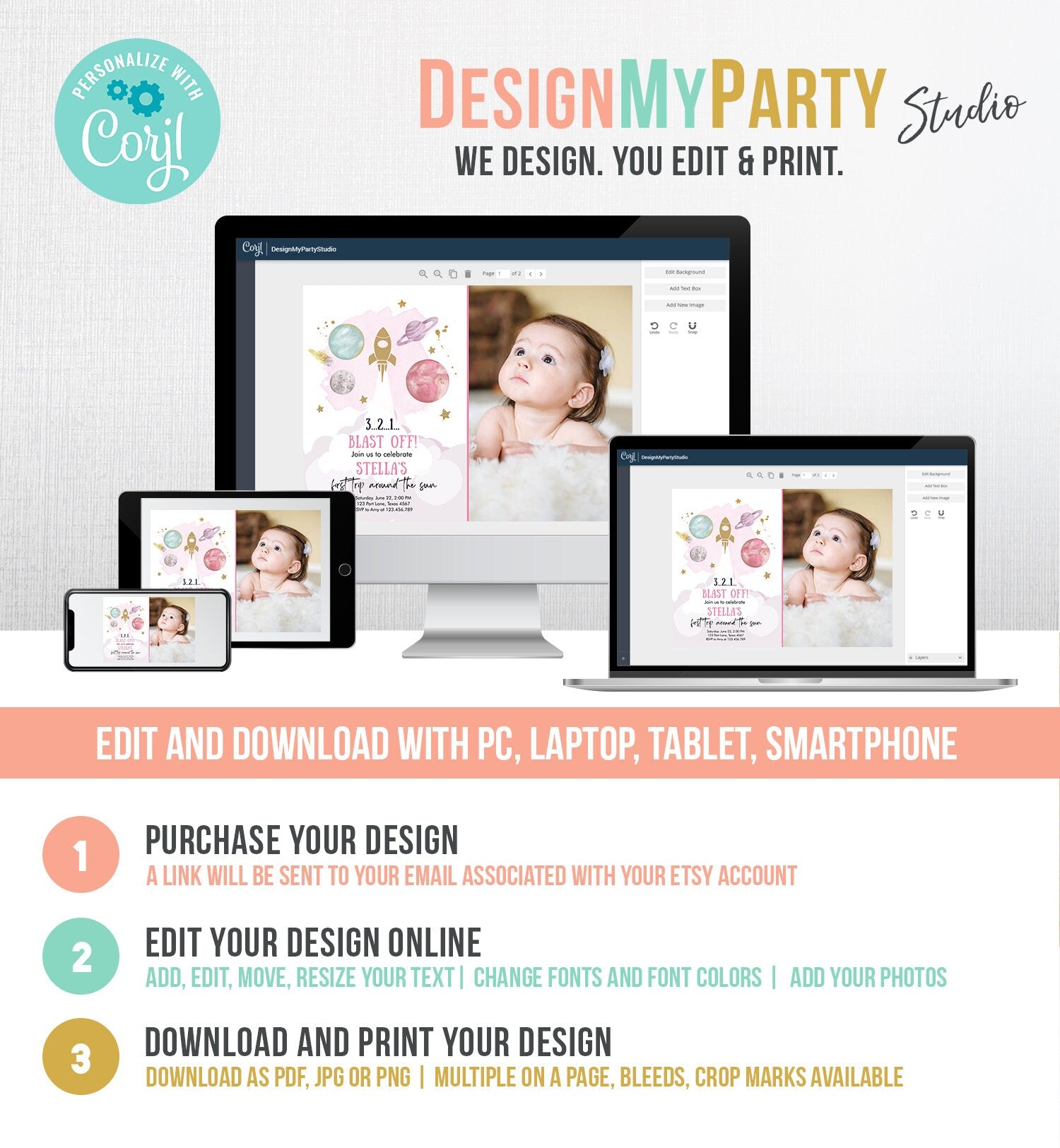 Editable Outer Space Girl First Birthday Invitation Galaxy Blast Off First Trip Space Rocket Pink Download Evite Template Printable 0357