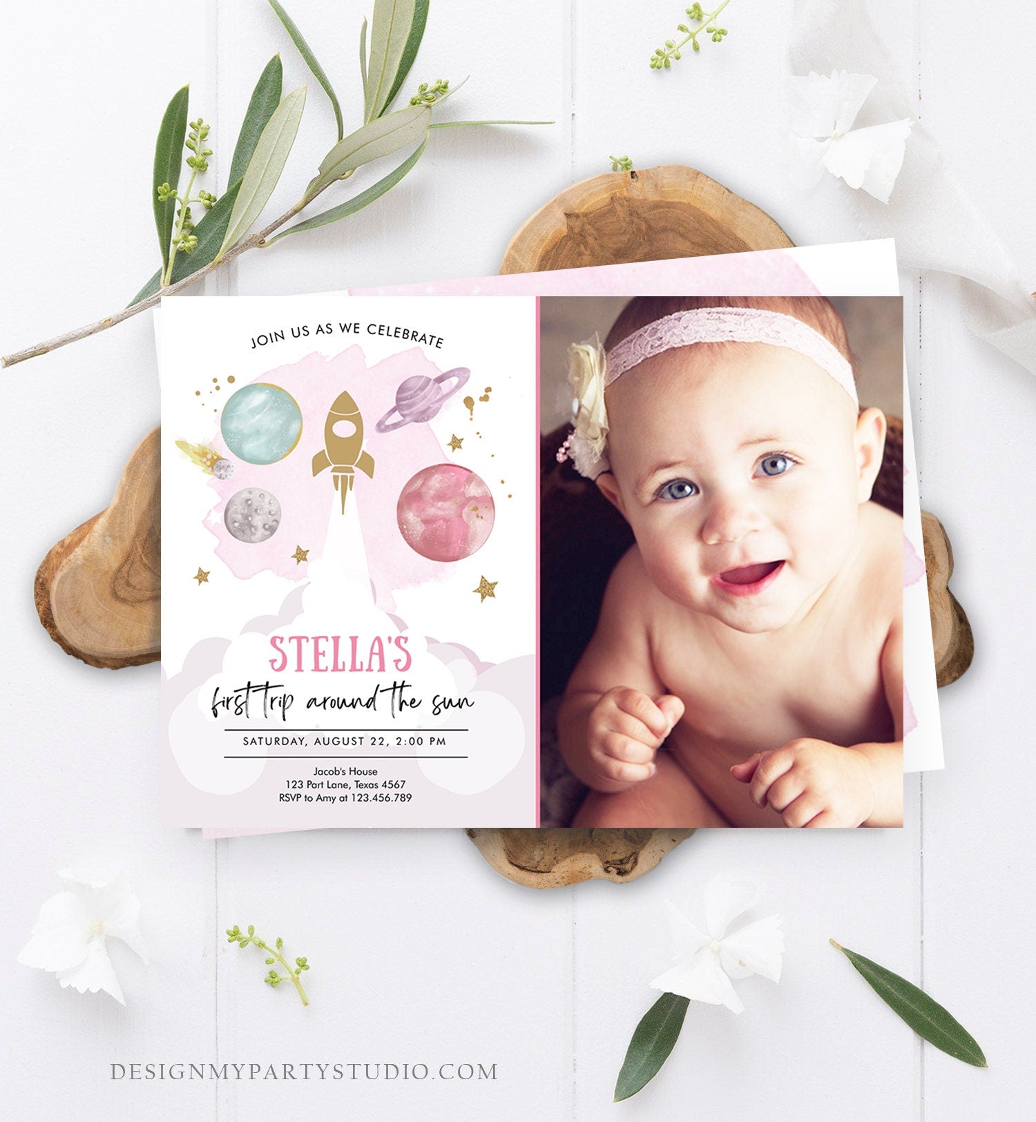 Editable First Trip Around the Sun Birthday Invitation Outer Space Girl Galaxy Blast Off Pink Digital Download Evite Template Printable 0357