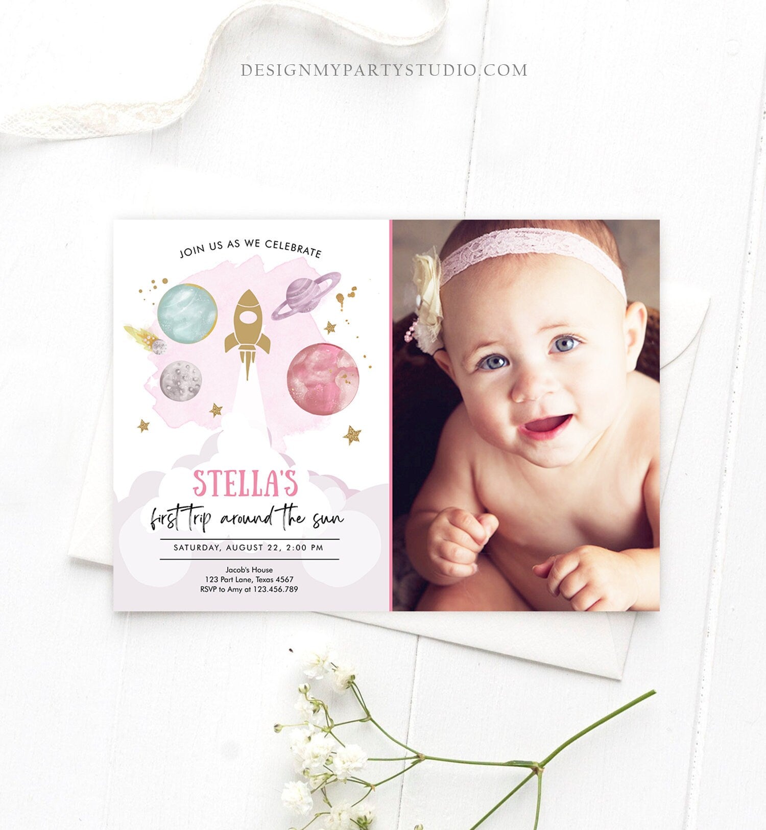 Editable First Trip Around the Sun Birthday Invitation Outer Space Girl Galaxy Blast Off Pink Digital Download Evite Template Printable 0357
