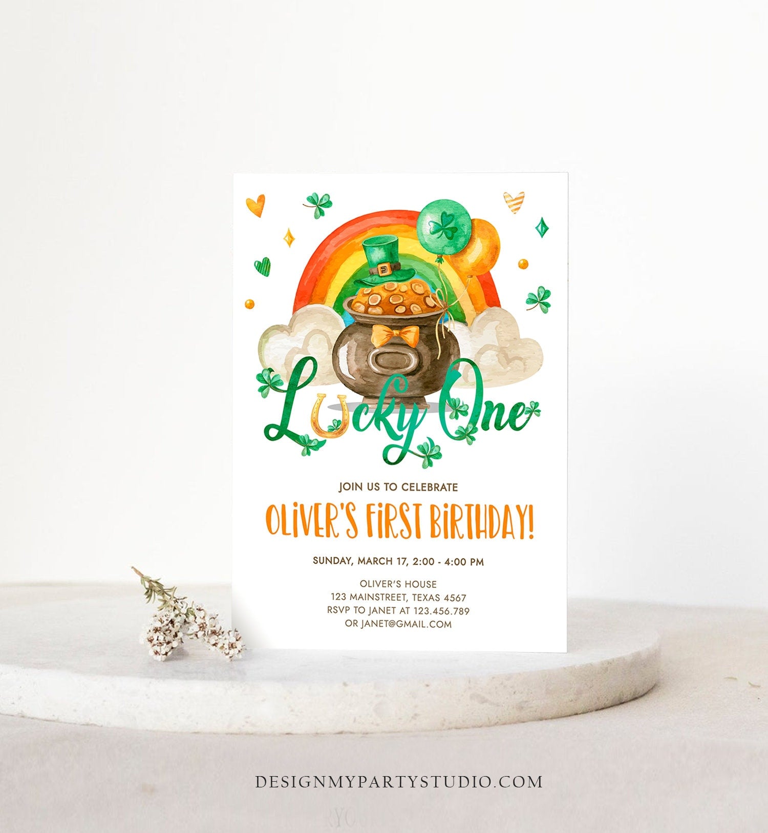 Editable Lucky One Birthday Invitation St. Patrick's Day First Birthday 1st Boy Shamrock Clover Download Corjl Template Printable 0380