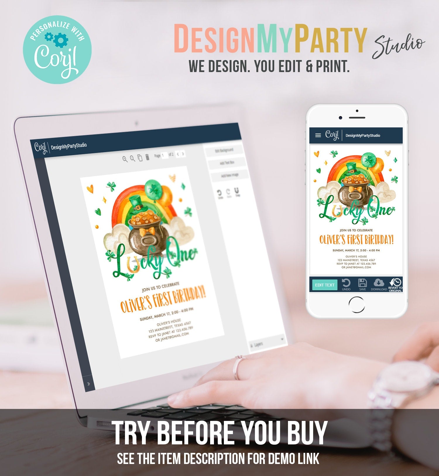 Editable Lucky One Birthday Invitation St. Patrick's Day First Birthday 1st Boy Shamrock Clover Download Corjl Template Printable 0380