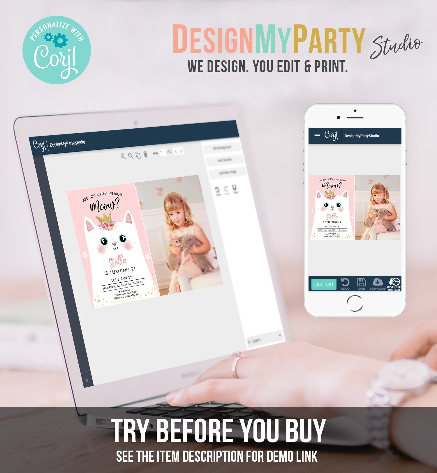 Editable Kitten Birthday Invitation Kitty Cat birthday Party Cat Invite Are You Kitten Me Pink Girl Digital Download Template Printable 0381