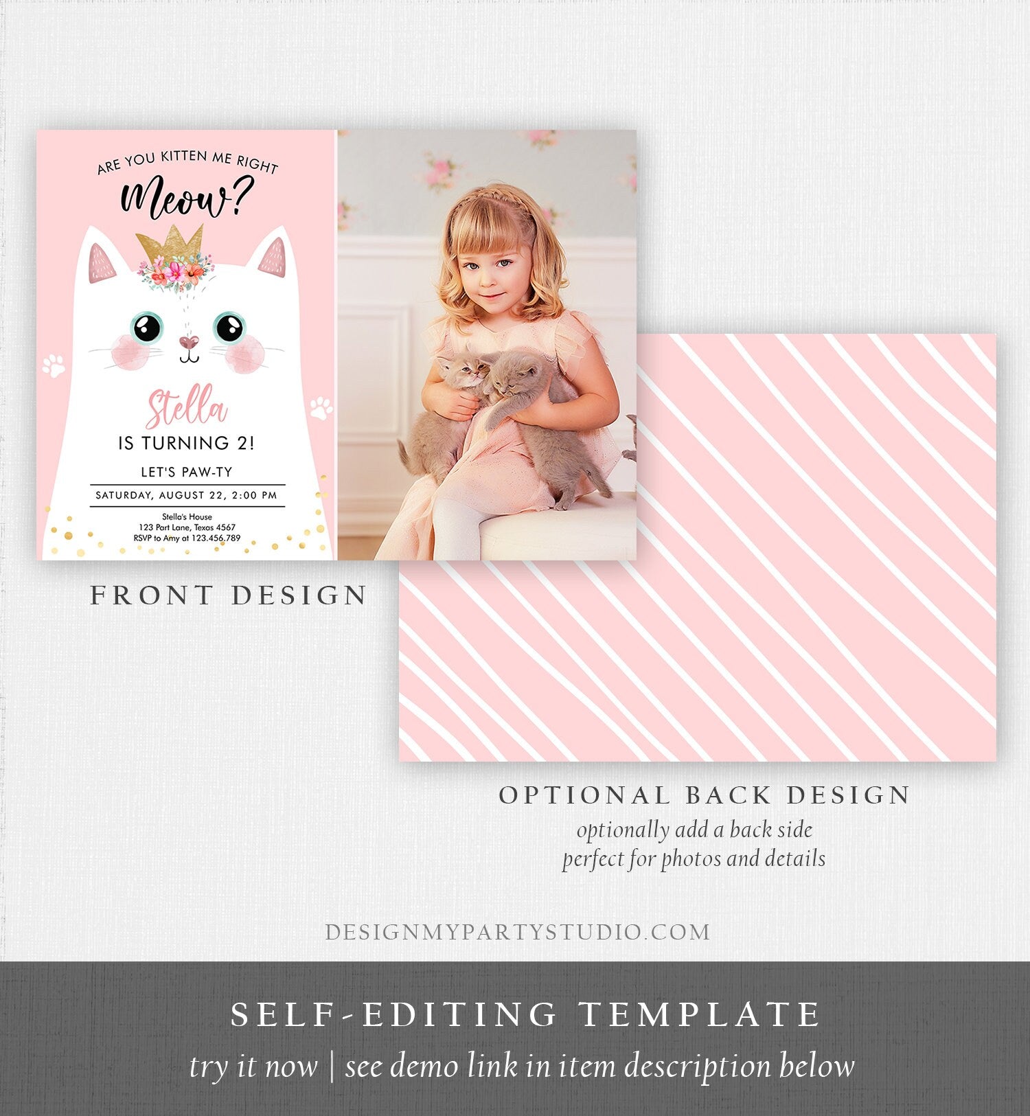 Editable Kitten Birthday Invitation Kitty Cat birthday Party Cat Invite Are You Kitten Me Pink Girl Digital Download Template Printable 0381