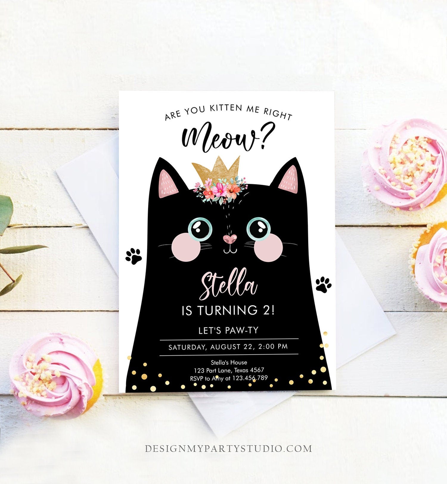 Editable Kitten Birthday Invitation Kitty Cat birthday Party Cat Invite Are You Kitten Me Black Girl Download Printable Digital Corjl 0381
