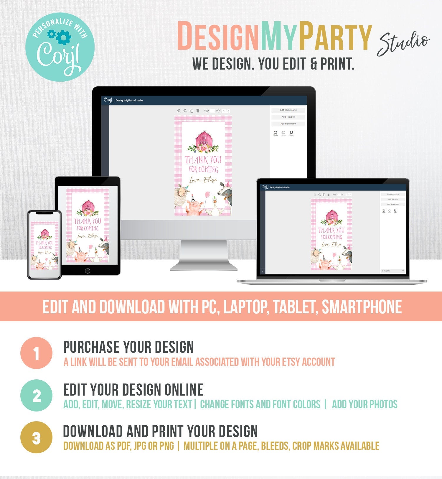Editable Farm Favor Tags Tags Pink Farm Birthday Thank you tags Barnyard Gift Tag Girl Birthday Old McDonald Digital Template Printable 0155