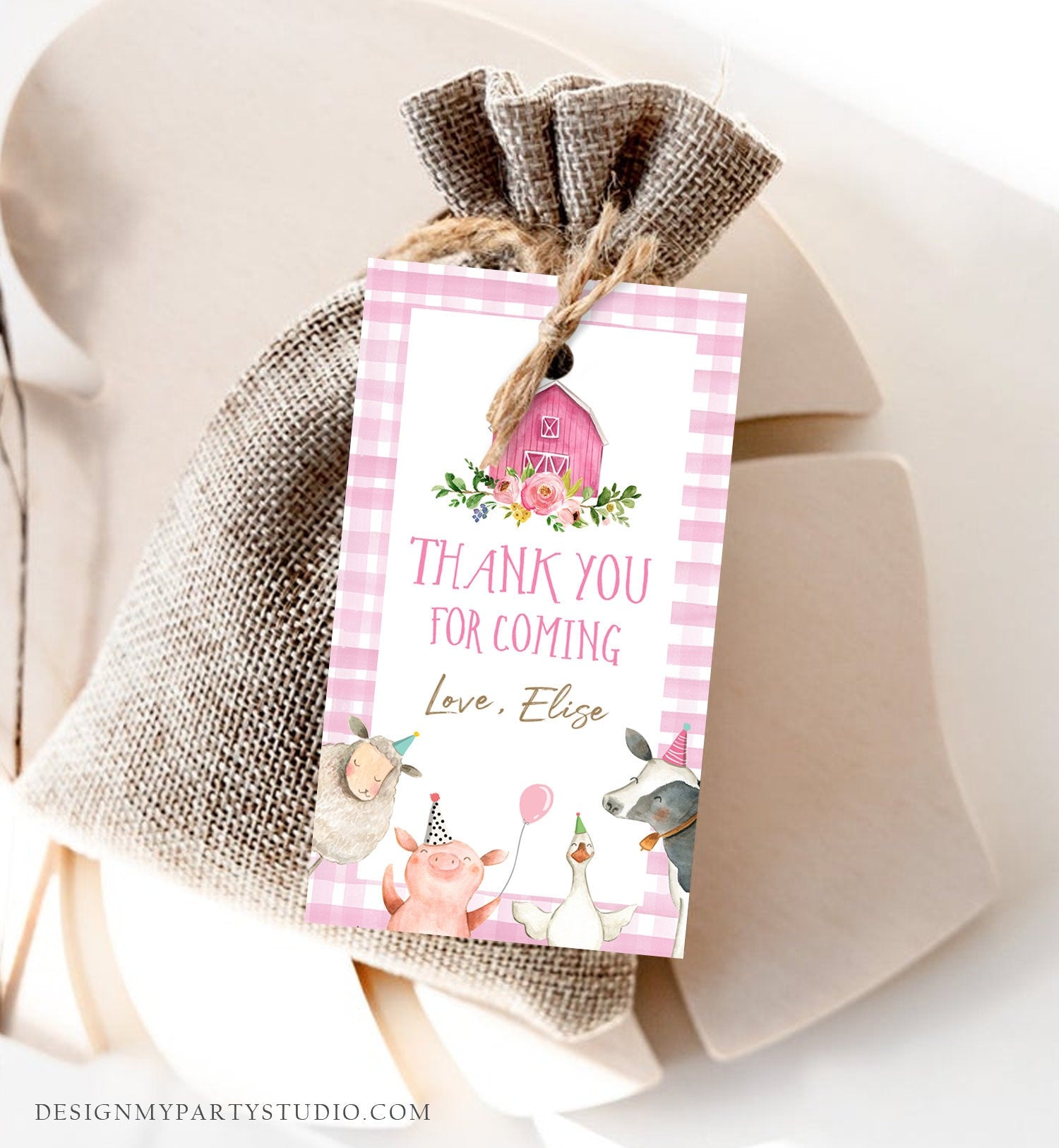 Editable Farm Favor Tags Tags Pink Farm Birthday Thank you tags Barnyard Gift Tag Girl Birthday Old McDonald Digital Template Printable 0155