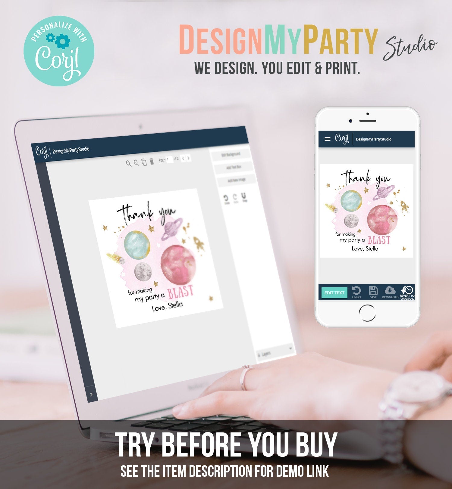 Editable Outer Space Favor Tags Space Birthday Thank you Sticker Galaxy Gift tags Trip Around the Sun Planets Template Corjl PRINTABLE 0357
