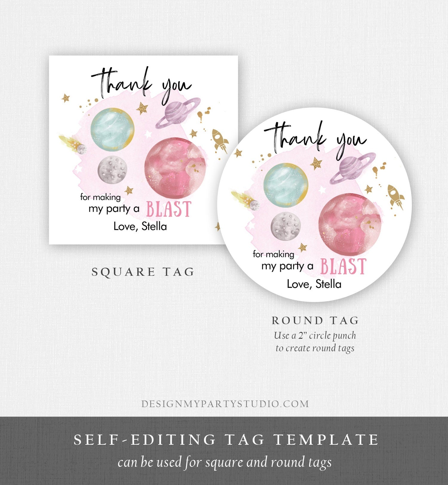 Editable Outer Space Favor Tags Space Birthday Thank you Sticker Galaxy Gift tags Trip Around the Sun Planets Template Corjl PRINTABLE 0357