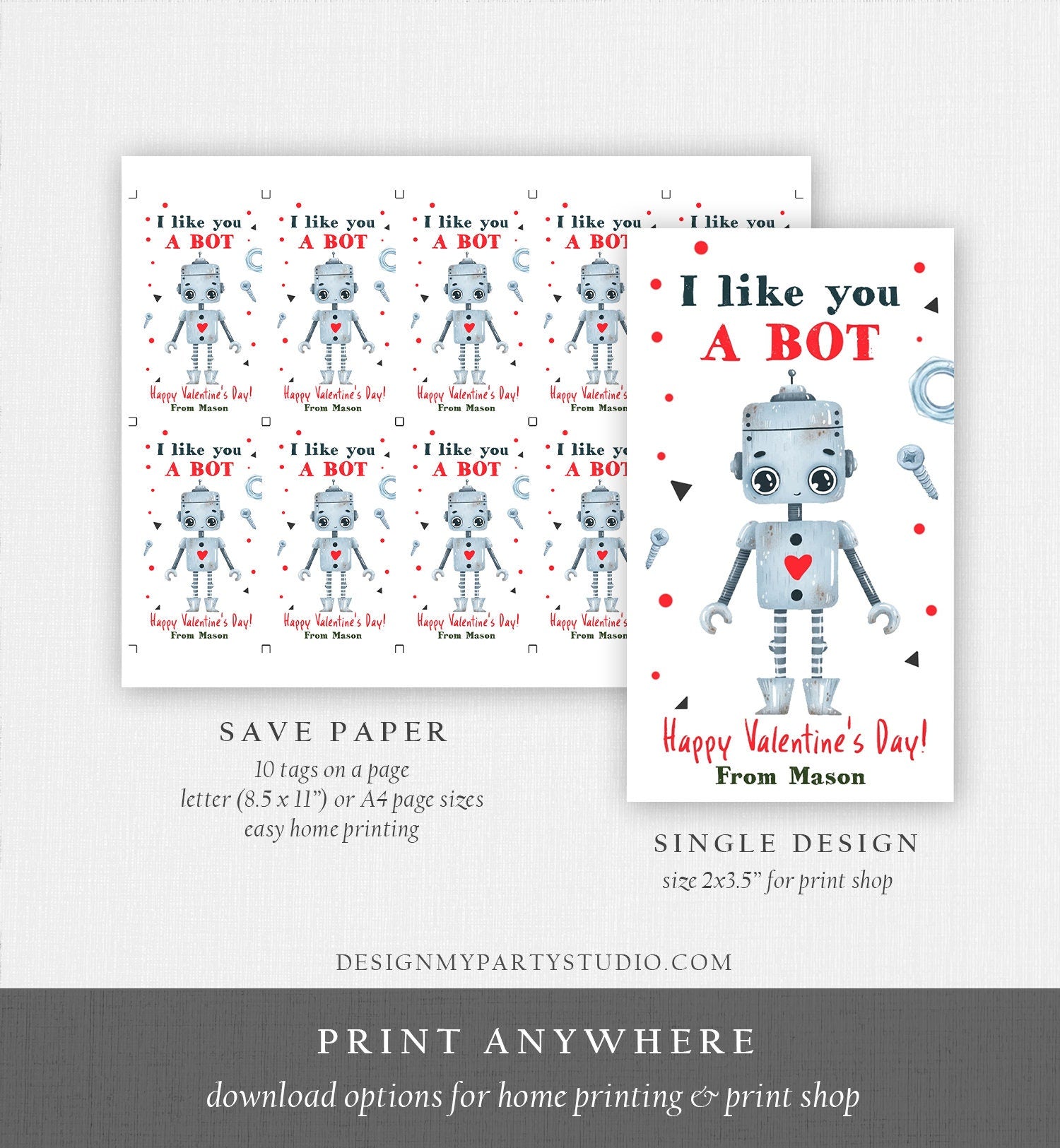 Editable Valentine's Day Card for Kids Robot Valentines Tag School I Like You A Bot Classroom Digital Download Template Printable 0370