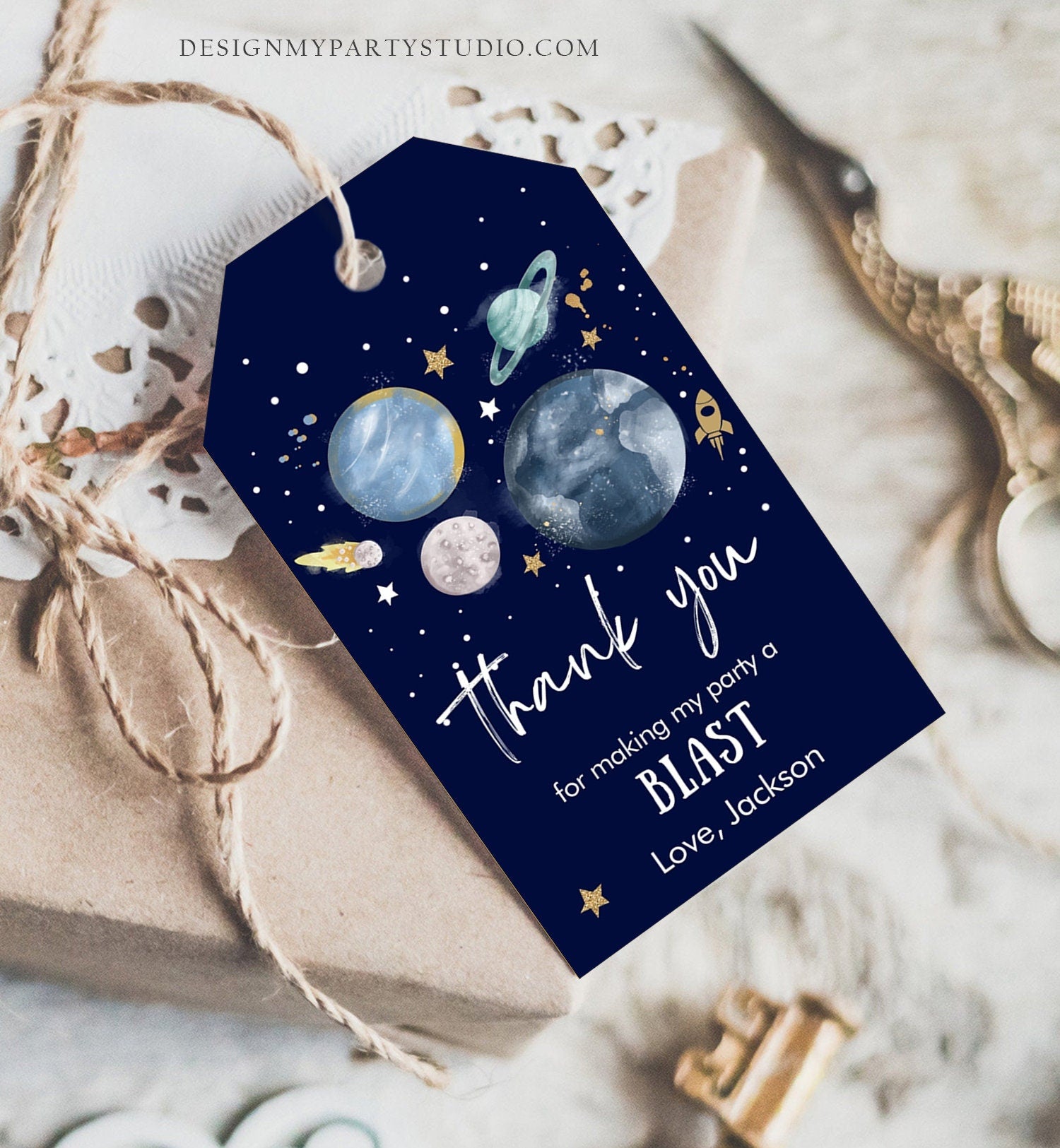 Editable Outer Space Favor Tags Space Birthday Thank you Label Galaxy Gift tags Trip Around the Sun Planets Digital Template Printable 0357