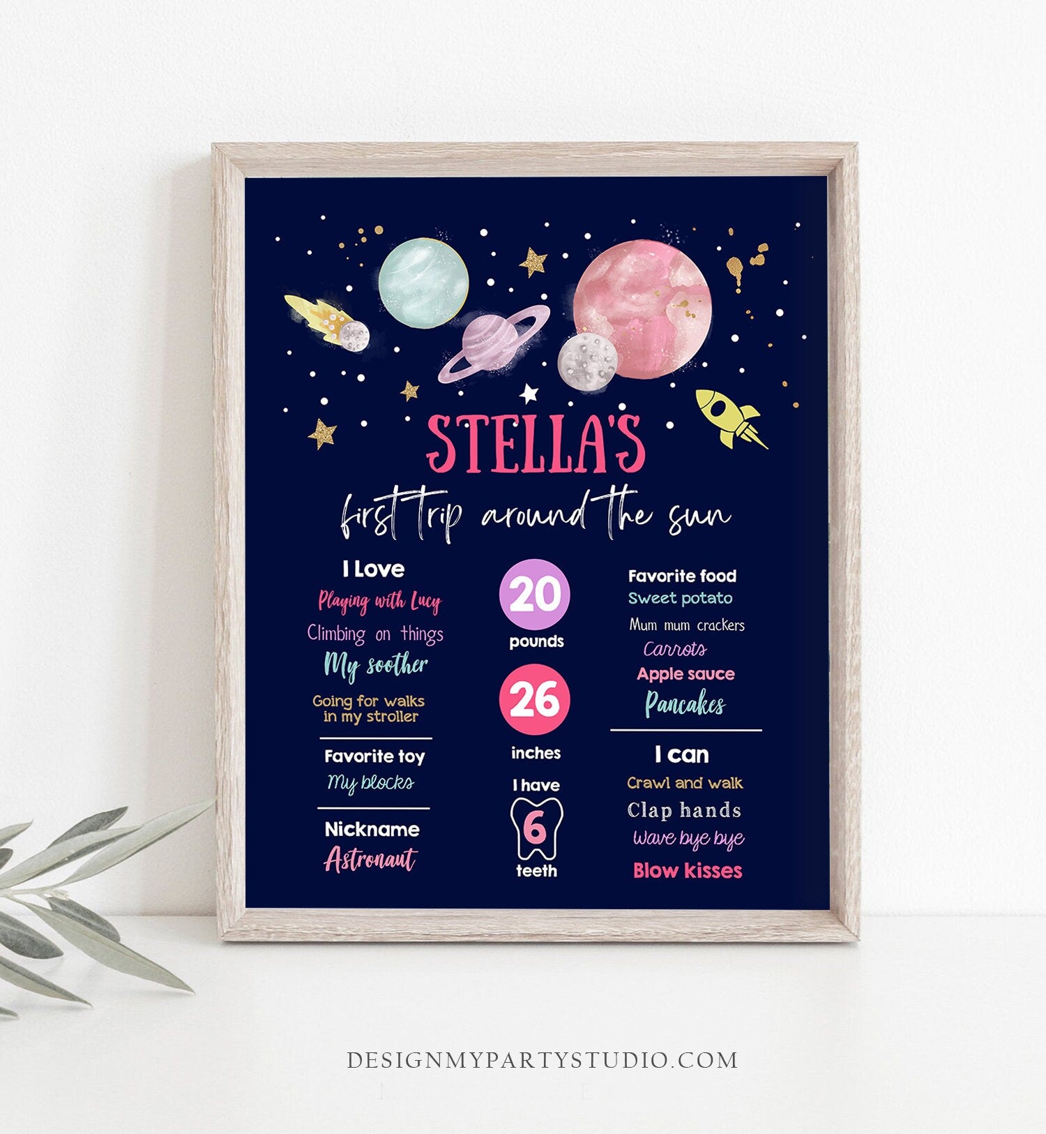 Editable Outer Space Birthday Milestones Sign First Trip Around the Sun Girl 1st Birthday Space Galaxy Planets Template Printable Corjl 0357