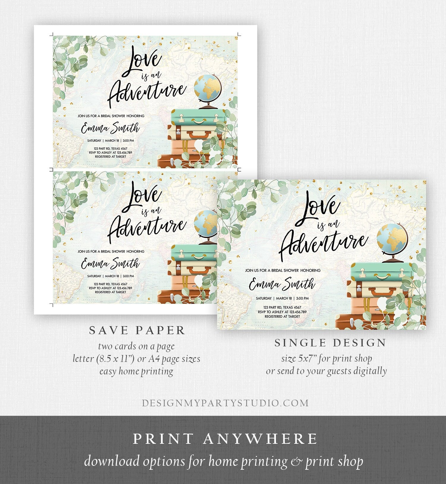 Editable Love is an Adventure Bridal Shower Invitation Traveling to Mrs Travel Eucalyptus Greenery Suitcases Evite Template Printable 0030