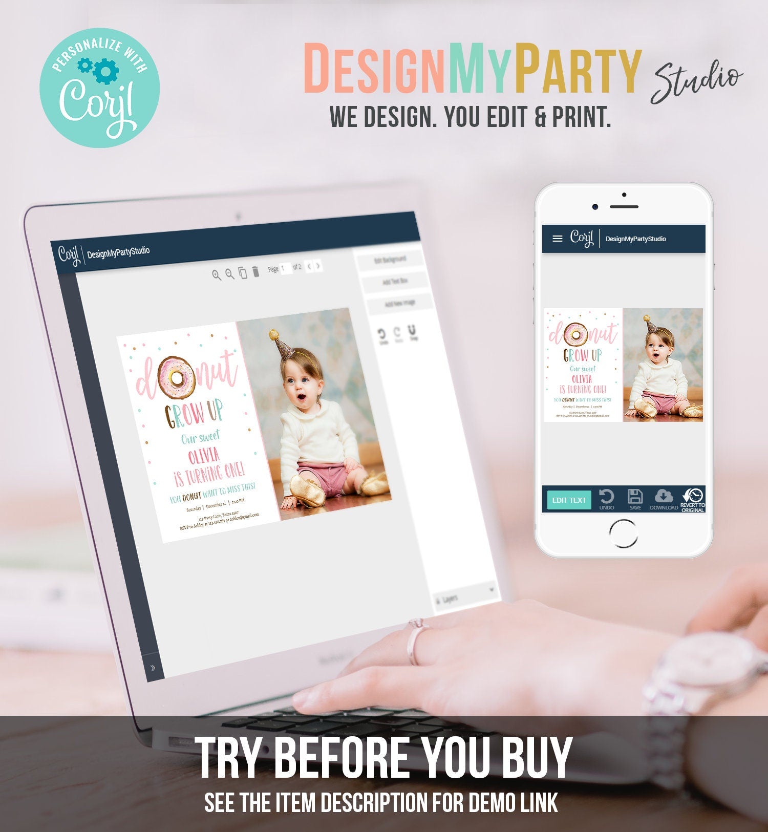 Editable Donut Grow Up Birthday Invitation First Birthday Pink Girl Sweet One Watercolor Digital Download Evite Template Printable 0368