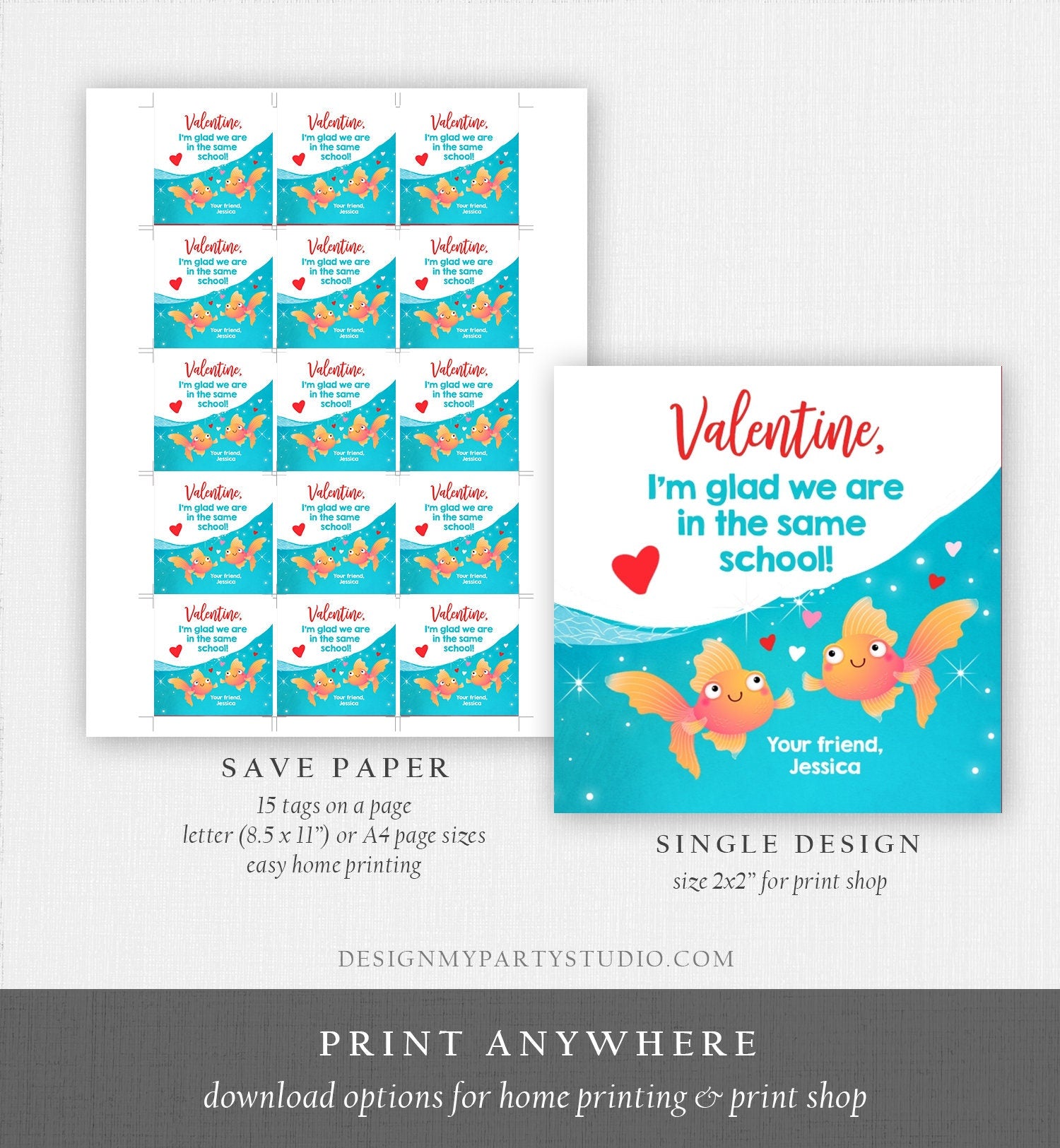 Editable Goldfish Valentine's Day Tag Glad We're in the Same School Sticker Preschool Kids Valentine Tag Digital Template Printable 0370