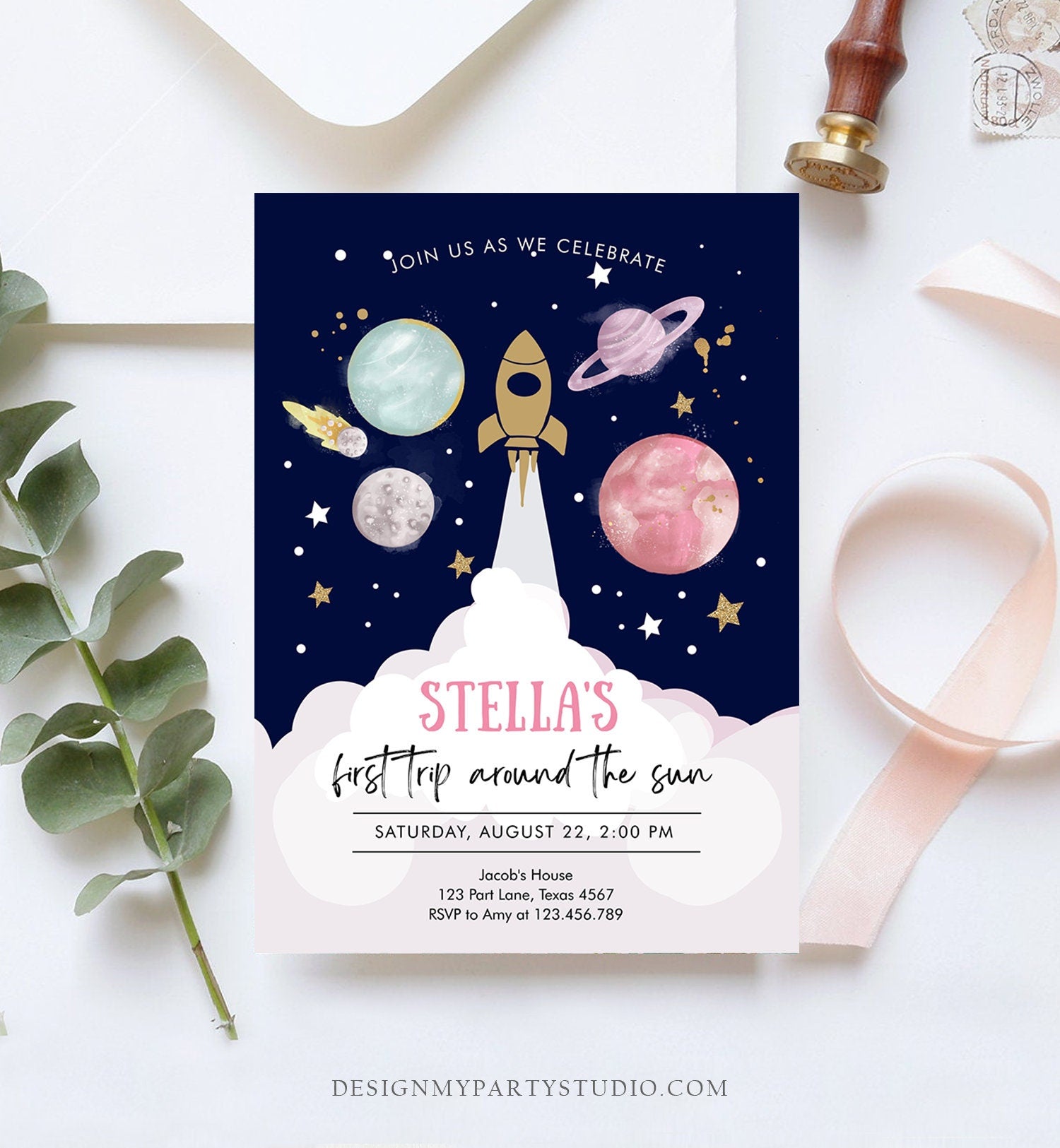 Editable Outer Space Girl First Birthday Invitation Galaxy Blast Off First Trip Around the Sun Pink Digital Evite Template Printable 0357