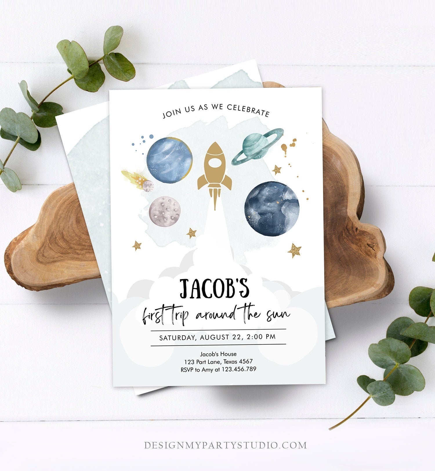 Editable Outer Space First Birthday Invitation Galaxy Blast Off First Trip Around the Sun Digital Download Evite Template Printable 0357