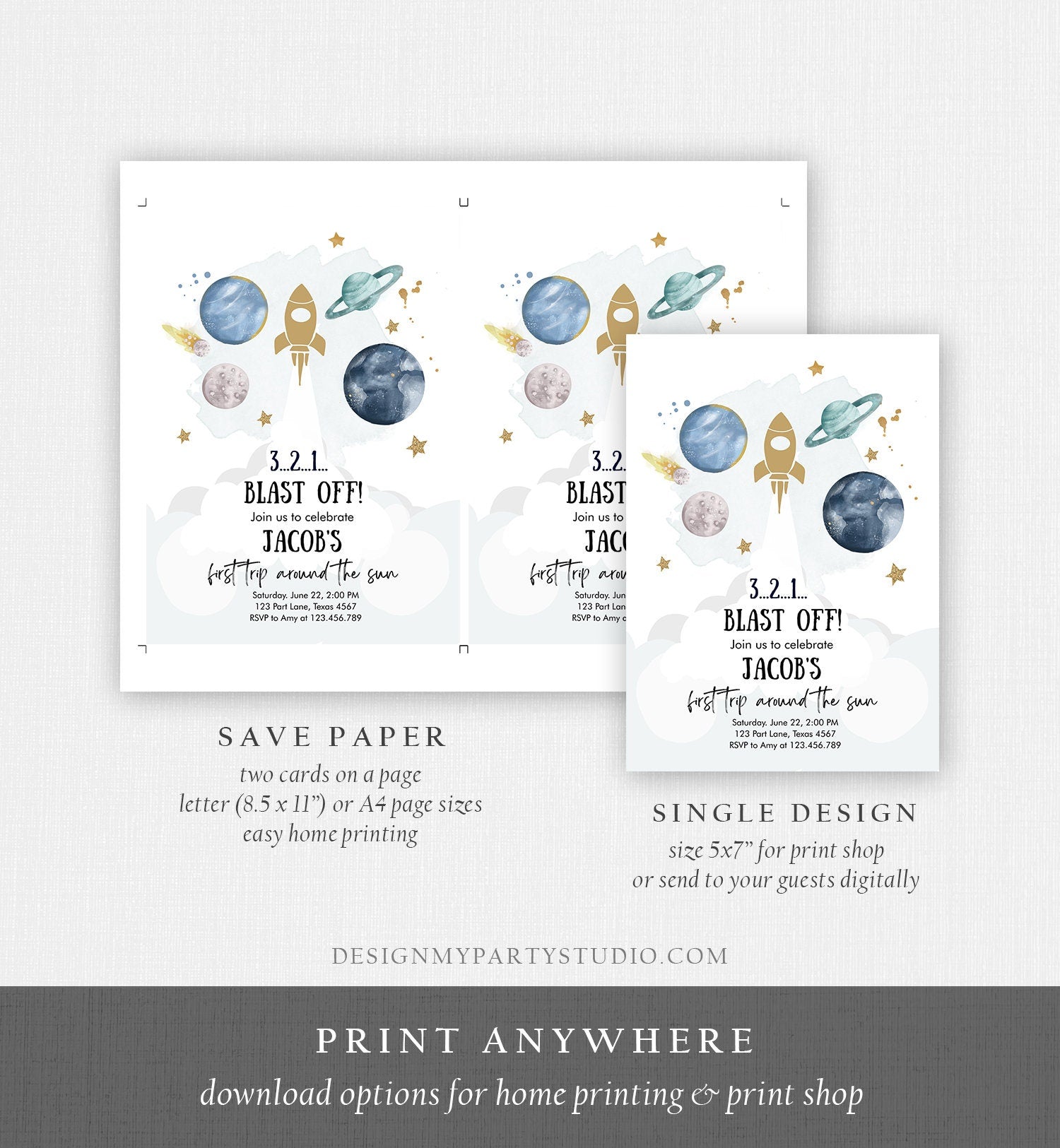 Editable Outer Space First Birthday Invitation Galaxy Blast Off First Trip Around the Sun Digital Download Evite Template Printable 0357