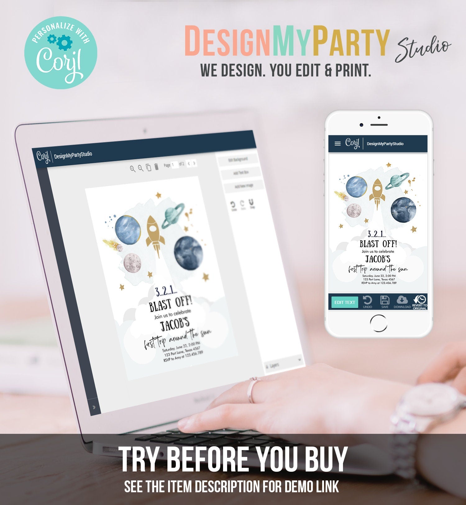 Editable Outer Space First Birthday Invitation Galaxy Blast Off First Trip Around the Sun Digital Download Evite Template Printable 0357