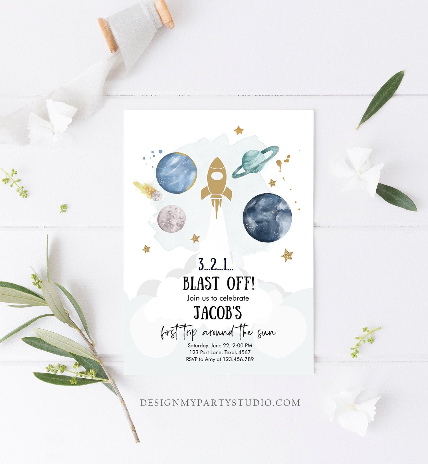 Editable Outer Space First Birthday Invitation Galaxy Blast Off First Trip Around the Sun Digital Download Evite Template Printable 0357