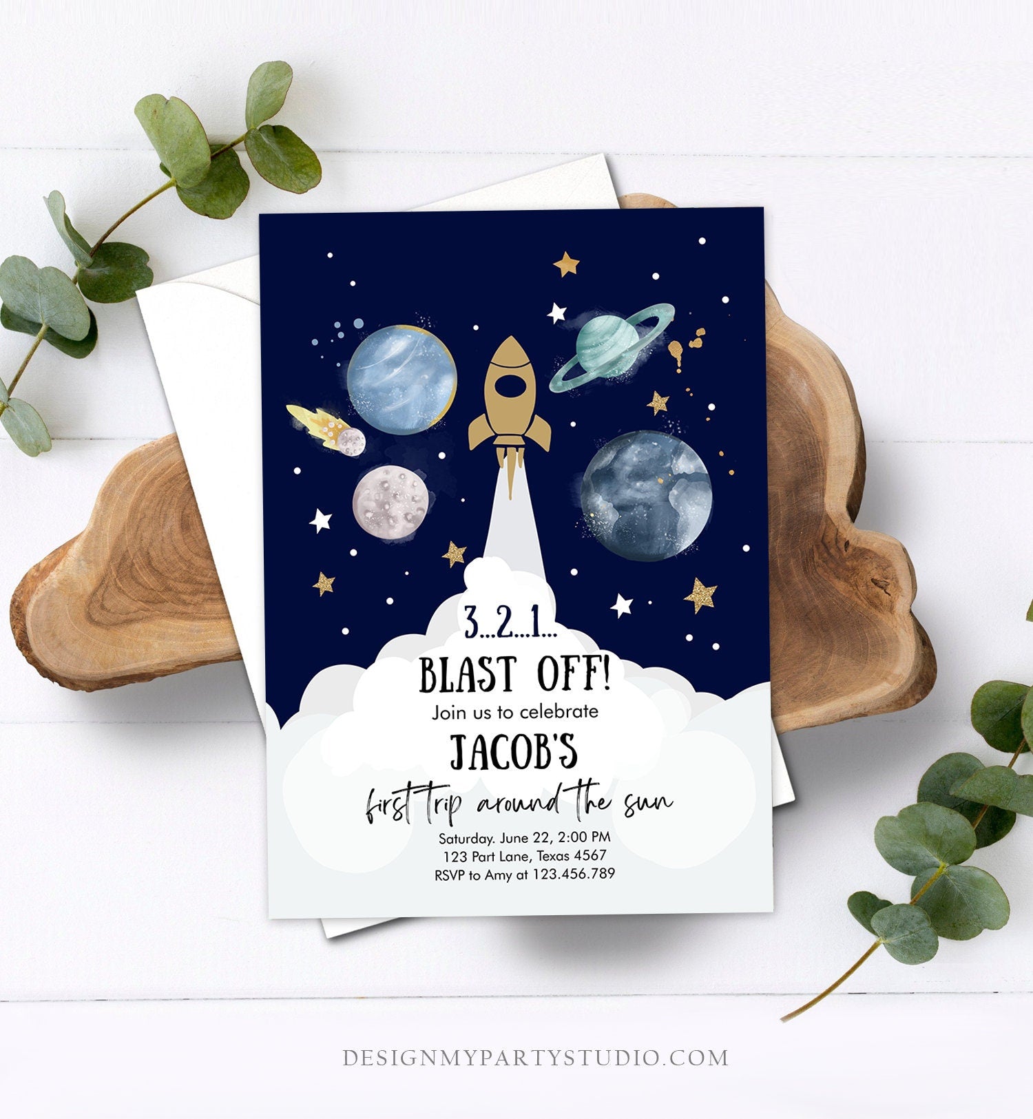 Editable Outer Space First Birthday Invitation Galaxy Blast Off First Trip Around the Sun Digital Download Evite Template Printable 0357