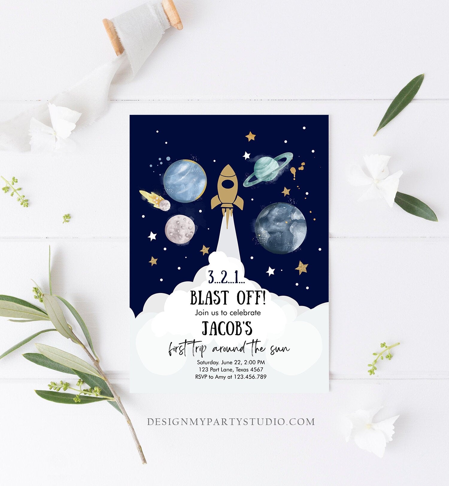 Editable Outer Space First Birthday Invitation Galaxy Blast Off First Trip Around the Sun Digital Download Evite Template Printable 0357