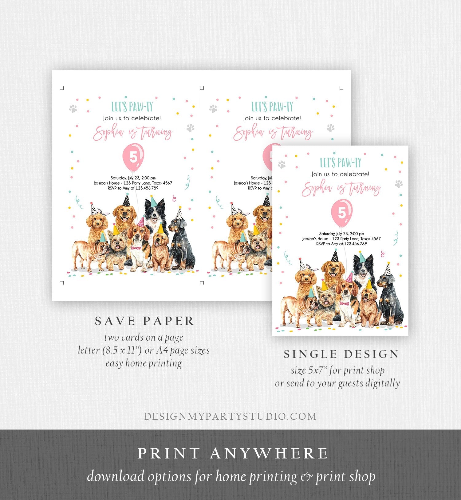 Editable Puppy Birthday Invitation Dogs Birthday Party Invite Pink Girl Let's Pawty Dog Party Animals Download Printable Template Evite 0384