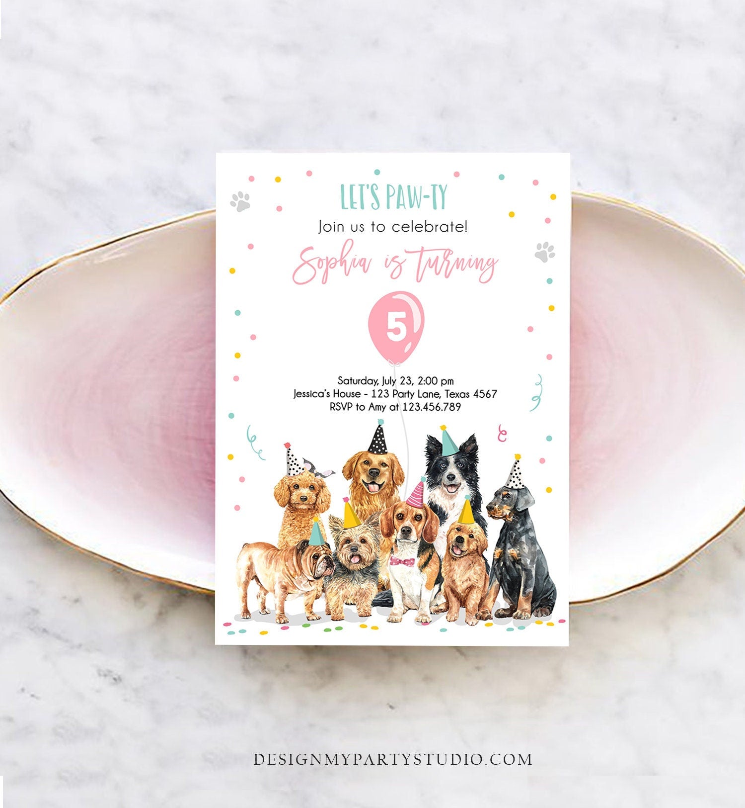 Editable Puppy Birthday Invitation Dogs Birthday Party Invite Pink Girl Let's Pawty Dog Party Animals Download Printable Template Evite 0384