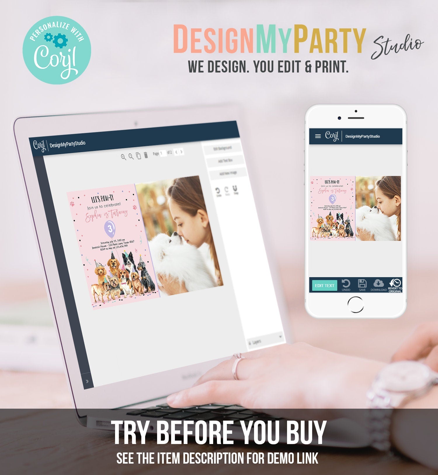 Editable Puppy Birthday Invitation Dogs Birthday Party Invite Pink Girl Watercolor Let's Pawty Dog Digital Download Template Printable 0384