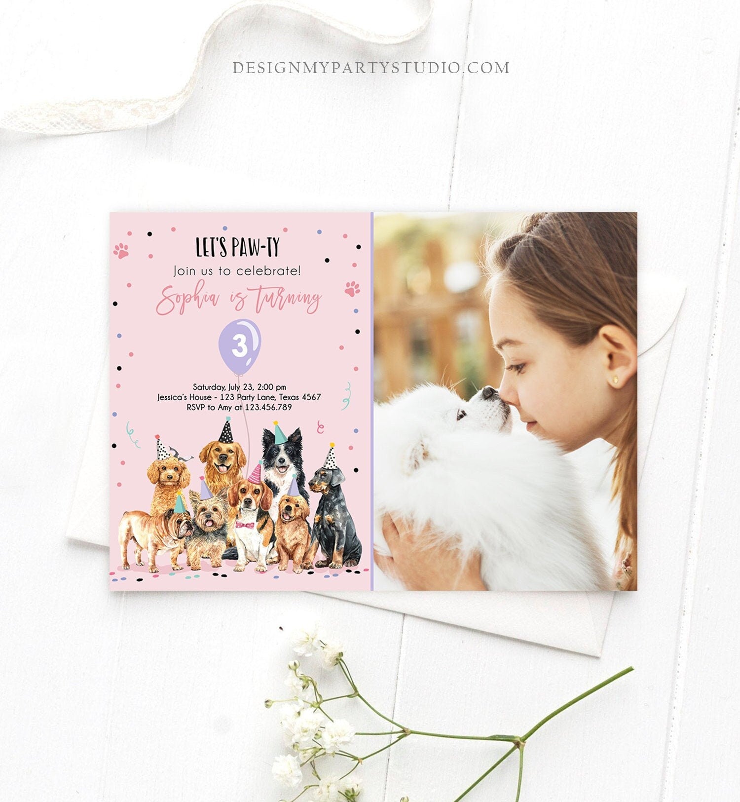 Editable Puppy Birthday Invitation Dogs Birthday Party Invite Pink Girl Watercolor Let's Pawty Dog Digital Download Template Printable 0384