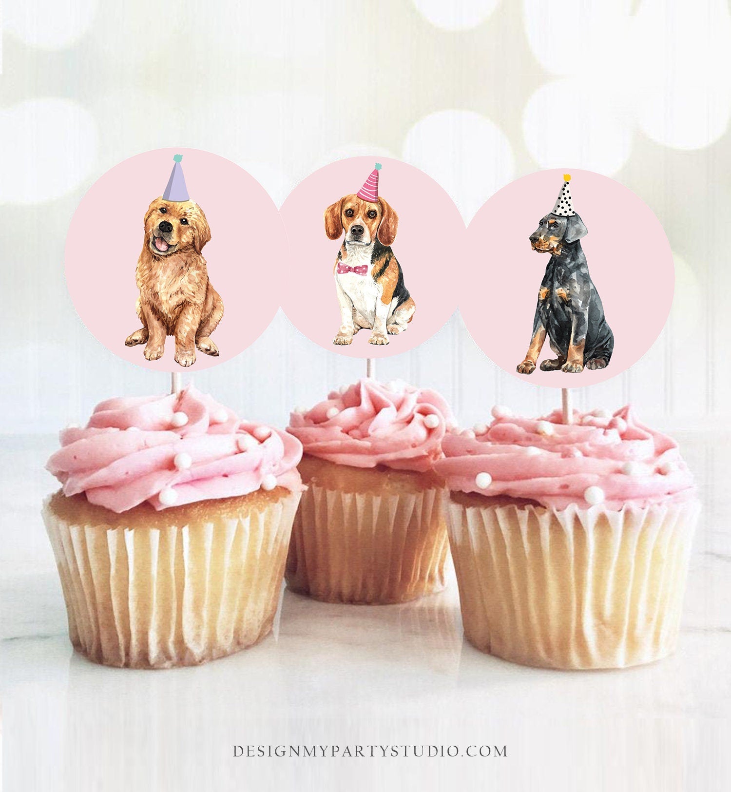 Puppy Dog Cupcake Toppers Puppy Favor Tags Puppy Birthday Dog Pink Girl Pet Birthday Party Pup Puppies Decor Download Digital Printable 0384