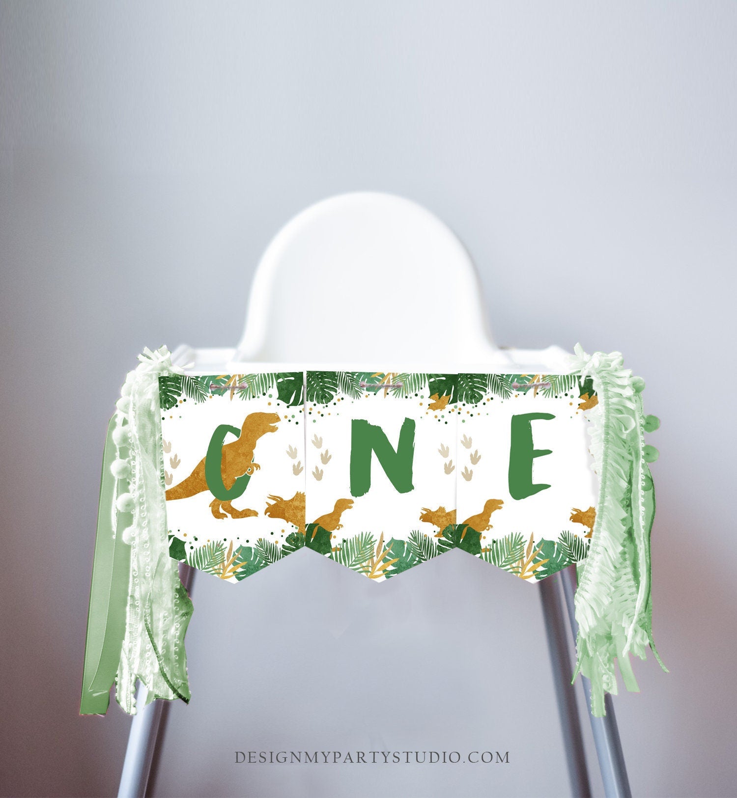 Dinosaur High Chair Banner Dinosaur 1st First Birthday Boy High Chair ONE Banner Dino Party Decor T-Rex Birthday Gold PRINTABLE Digital 0146