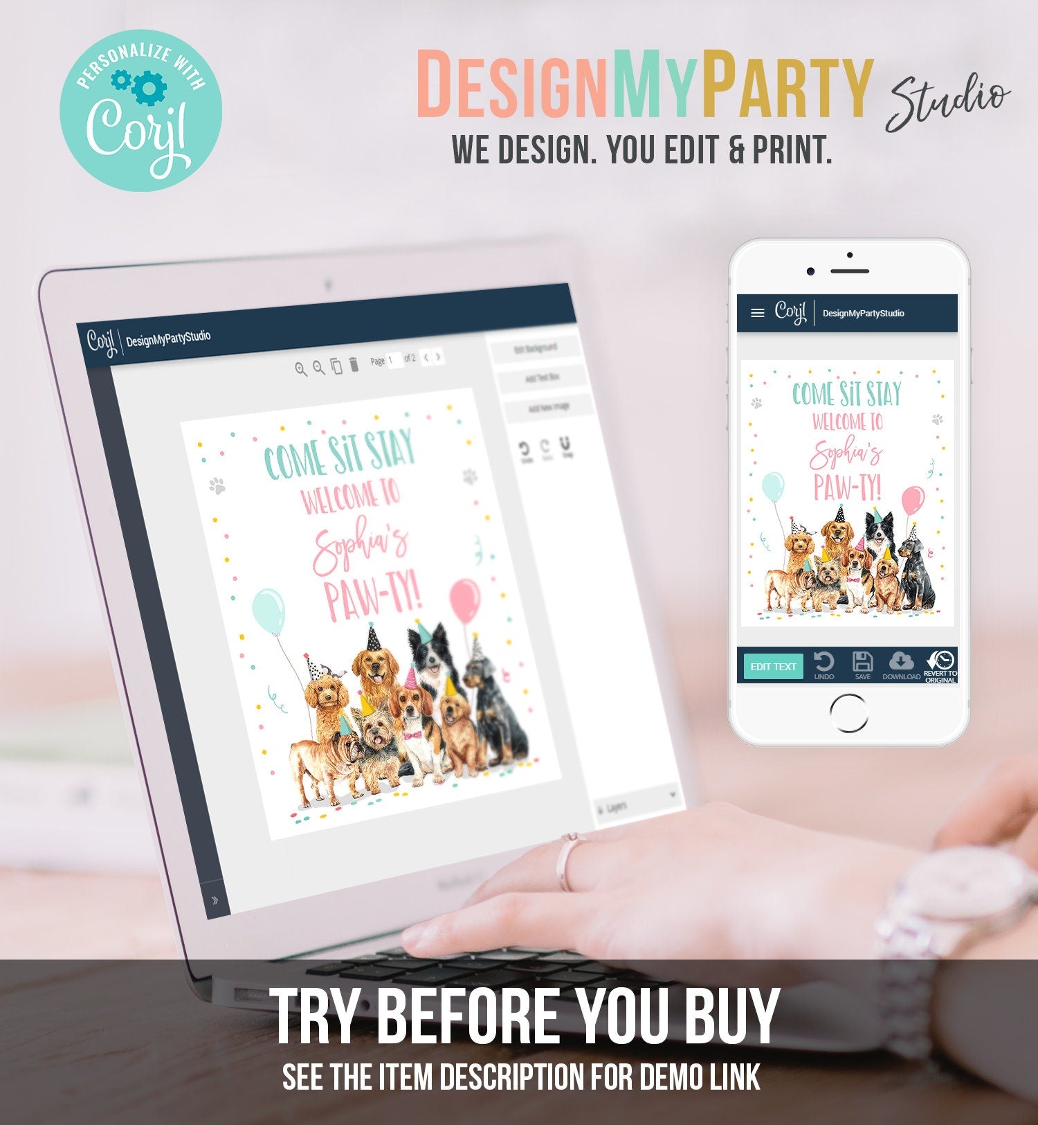 Editable Puppy Dog Birthday Party Welcome Sign Puppy Birthday Pink Pet Dog Birthday Come Sit Stay Paw-ty Girl Template Corjl PRINTABLE 0384