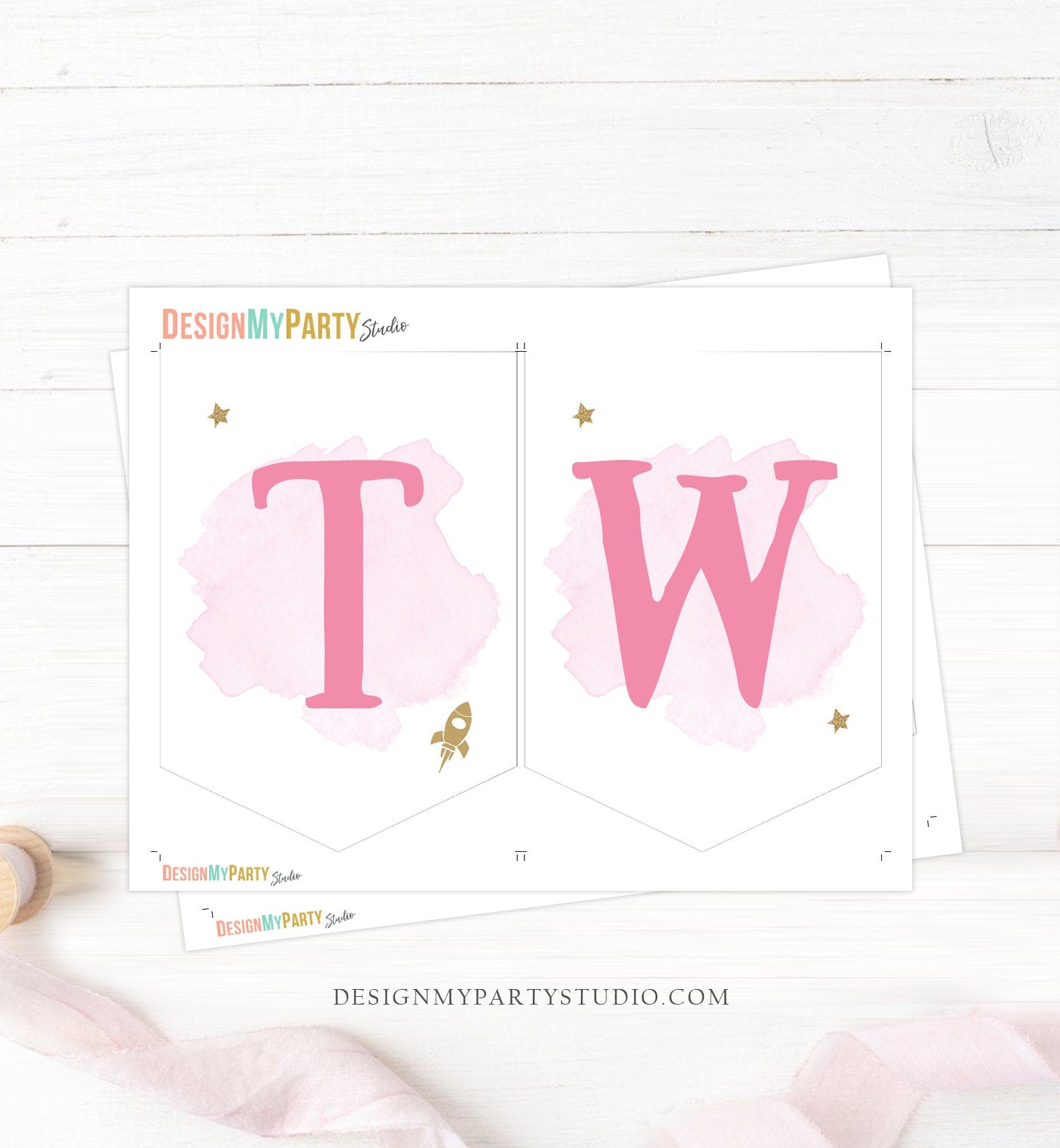 Outer Space Planets High Chair Banner Galaxy Girl 2nd Birthday Pink High Chair Banner TWO the Moon Space Party Decor Digital Printable 0357