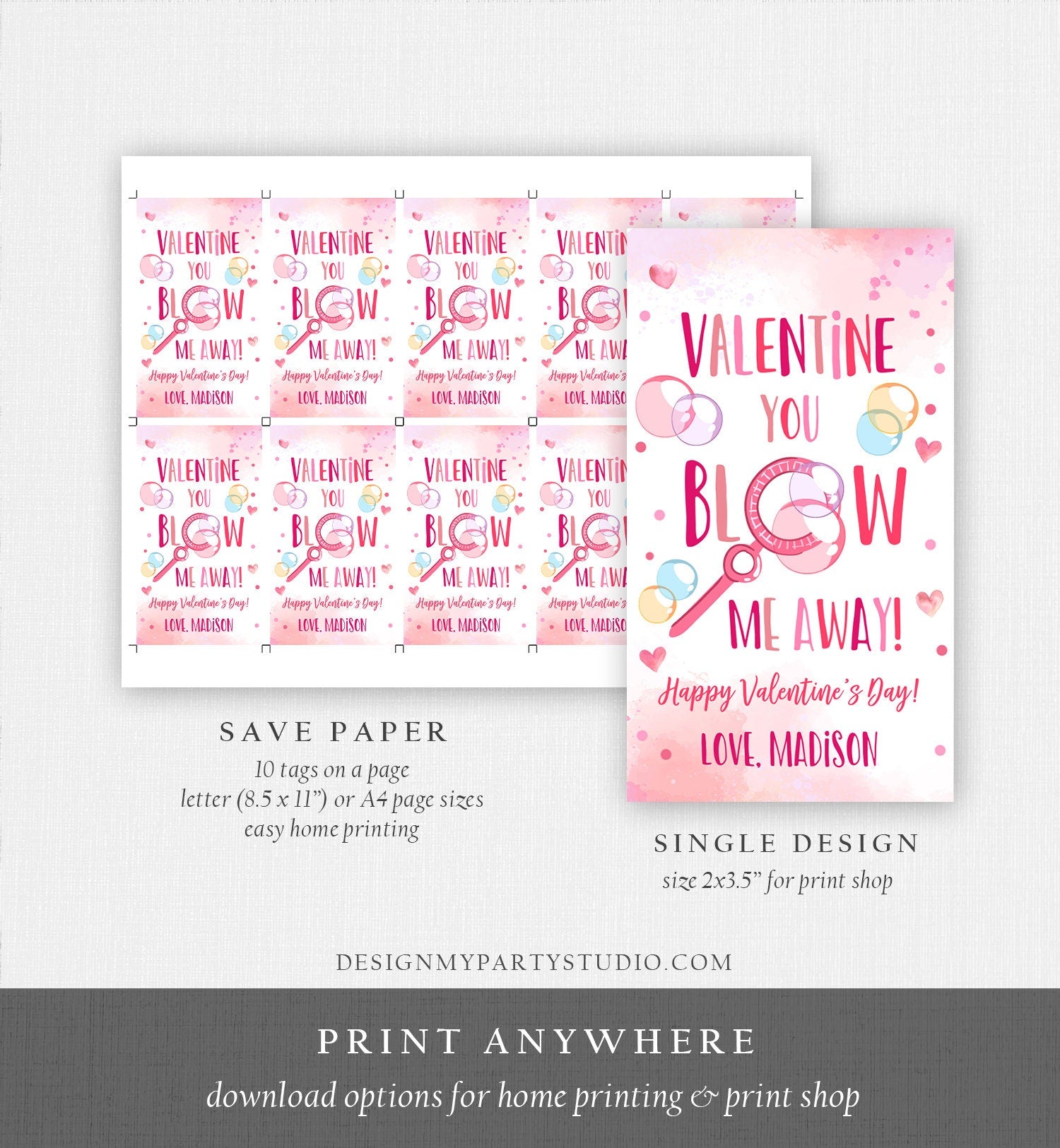 Editable Valentine You Blow Me Away Favor Tag Thank You Blowing Bubbles Soap Valentine's Day Tag School Non-Candy Printable PRINTABLE 0370