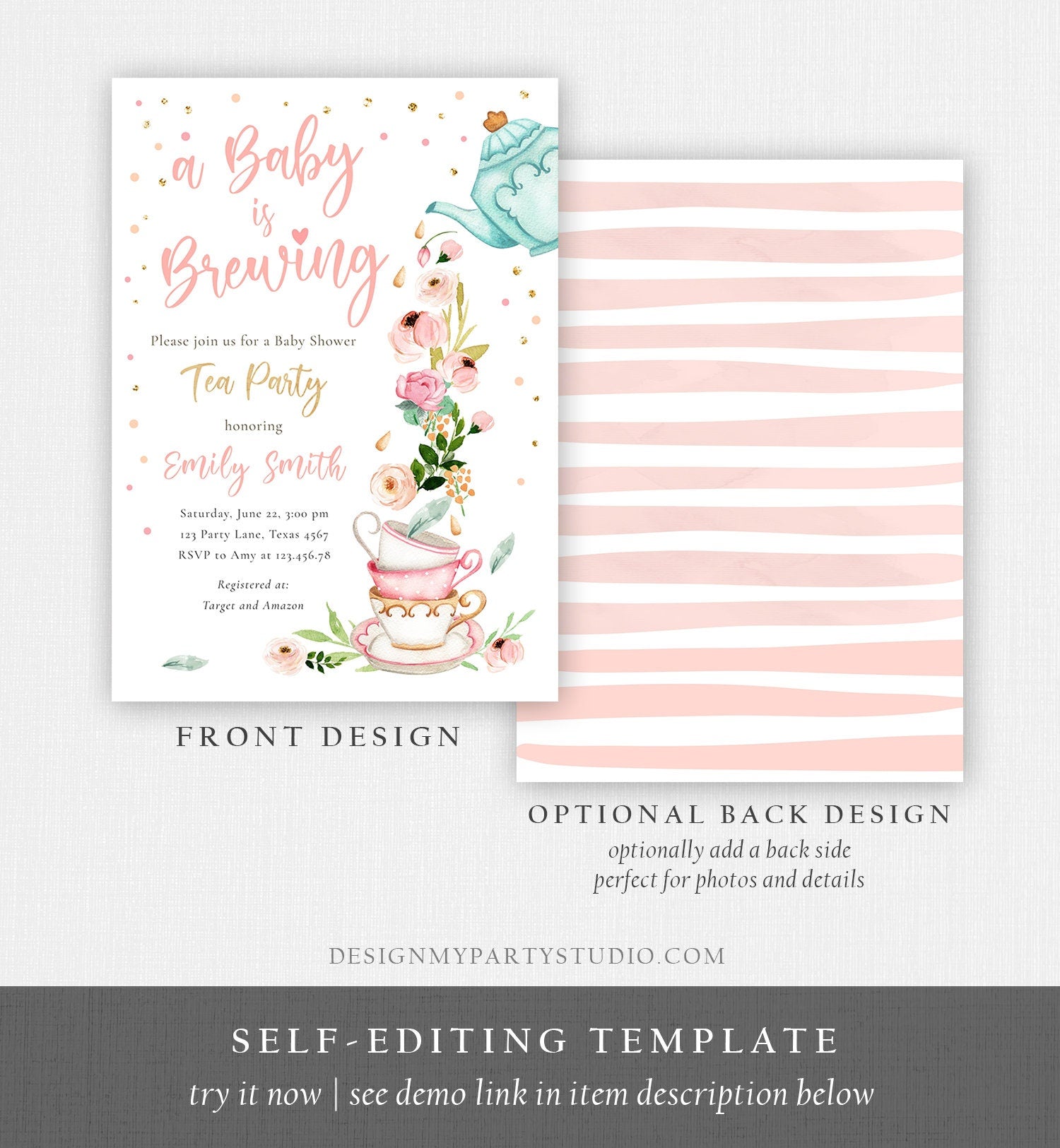 Editable Tea Party Baby Shower Invitation Tea Shower Sprinkle Floral Pink Gold Blush Brunch Bubbly Download Corjl Template Printable 0349