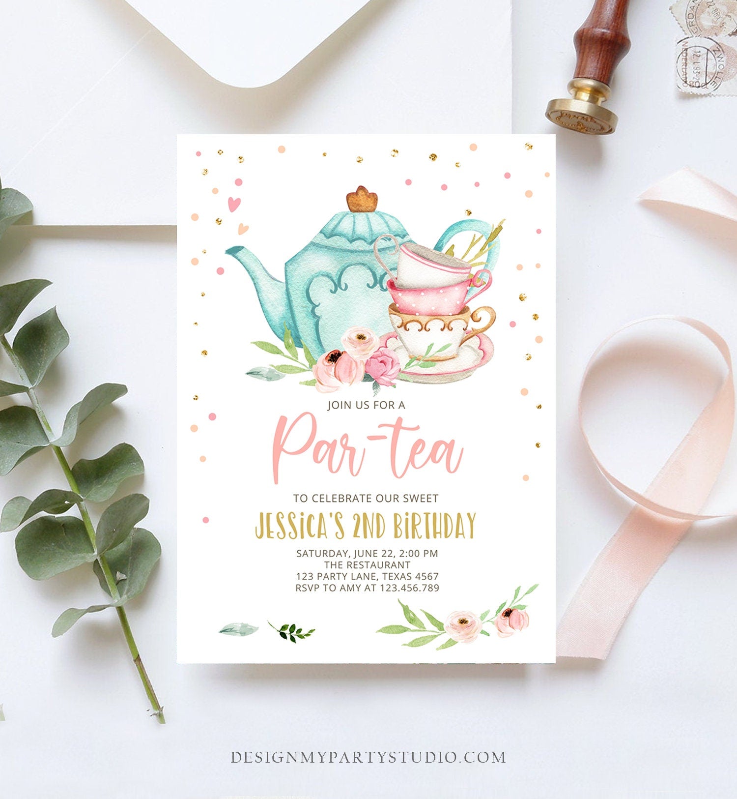 Editable Tea Party Birthday Invitation Par-Tea Birthday Invite Pink and Gold Floral Whimsical Download Printable Template Corjl Digital 0349