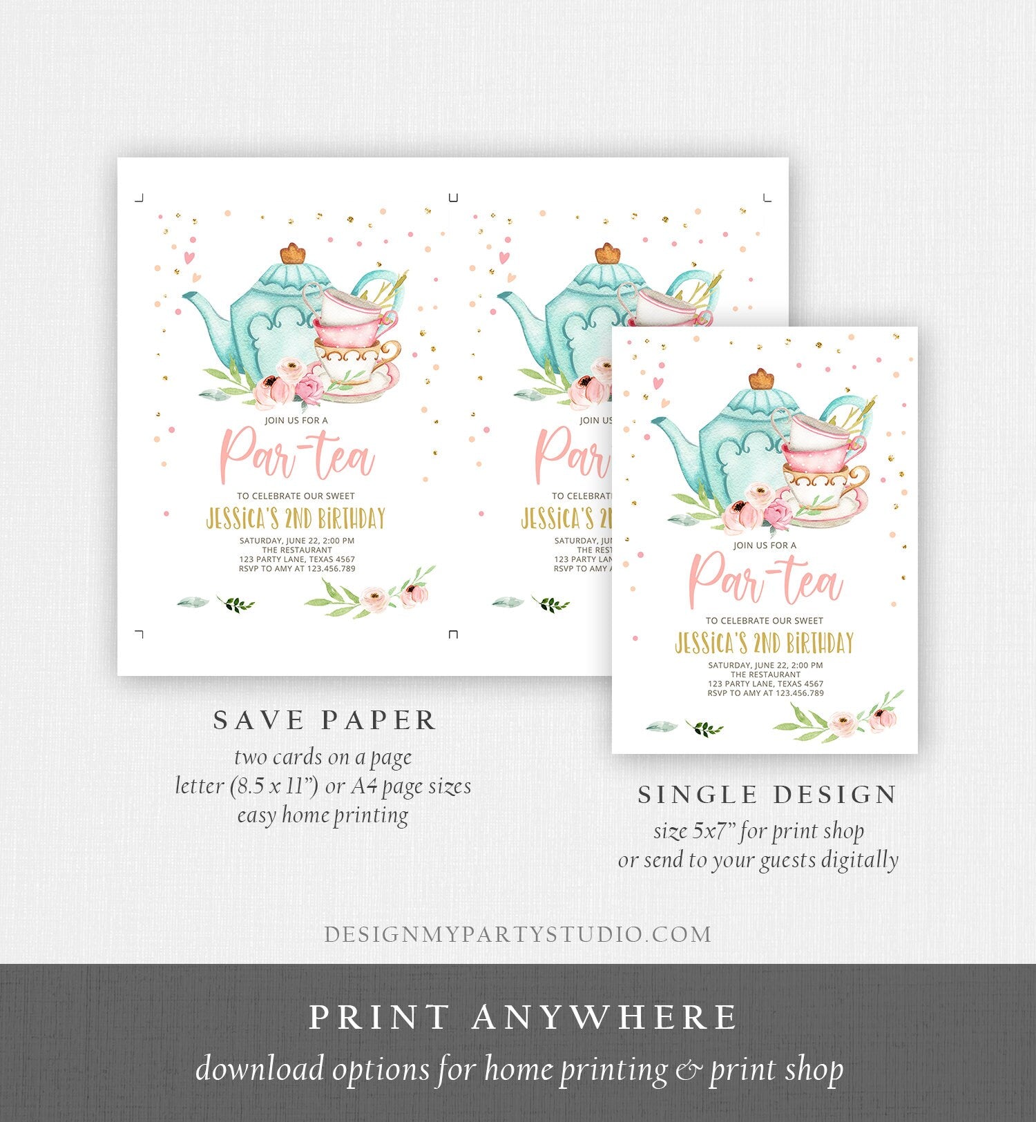 Editable Tea Party Birthday Invitation Par-Tea Birthday Invite Pink and Gold Floral Whimsical Download Printable Template Corjl Digital 0349