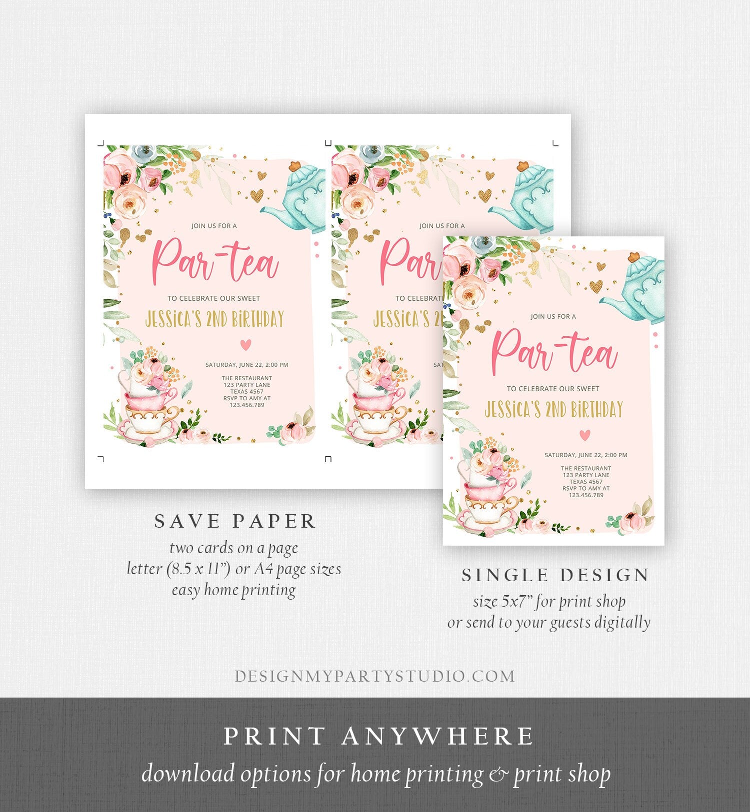 Editable Tea Party Birthday Invitation Par-Tea Birthday Invite Pink and Gold Floral Whimsical Digital Download Evite Template Printable 0349