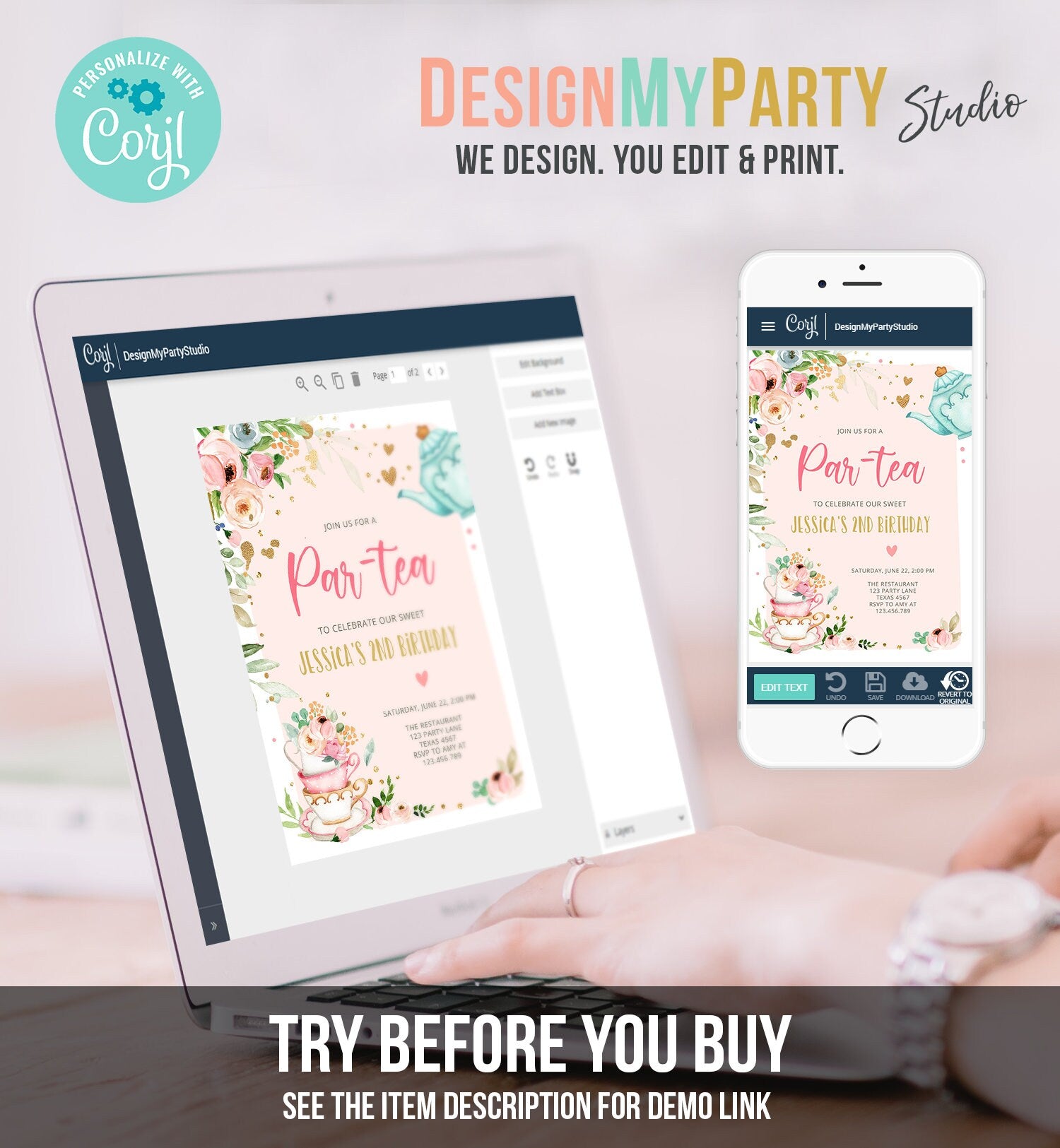 Editable Tea Party Birthday Invitation Par-Tea Birthday Invite Pink and Gold Floral Whimsical Digital Download Evite Template Printable 0349
