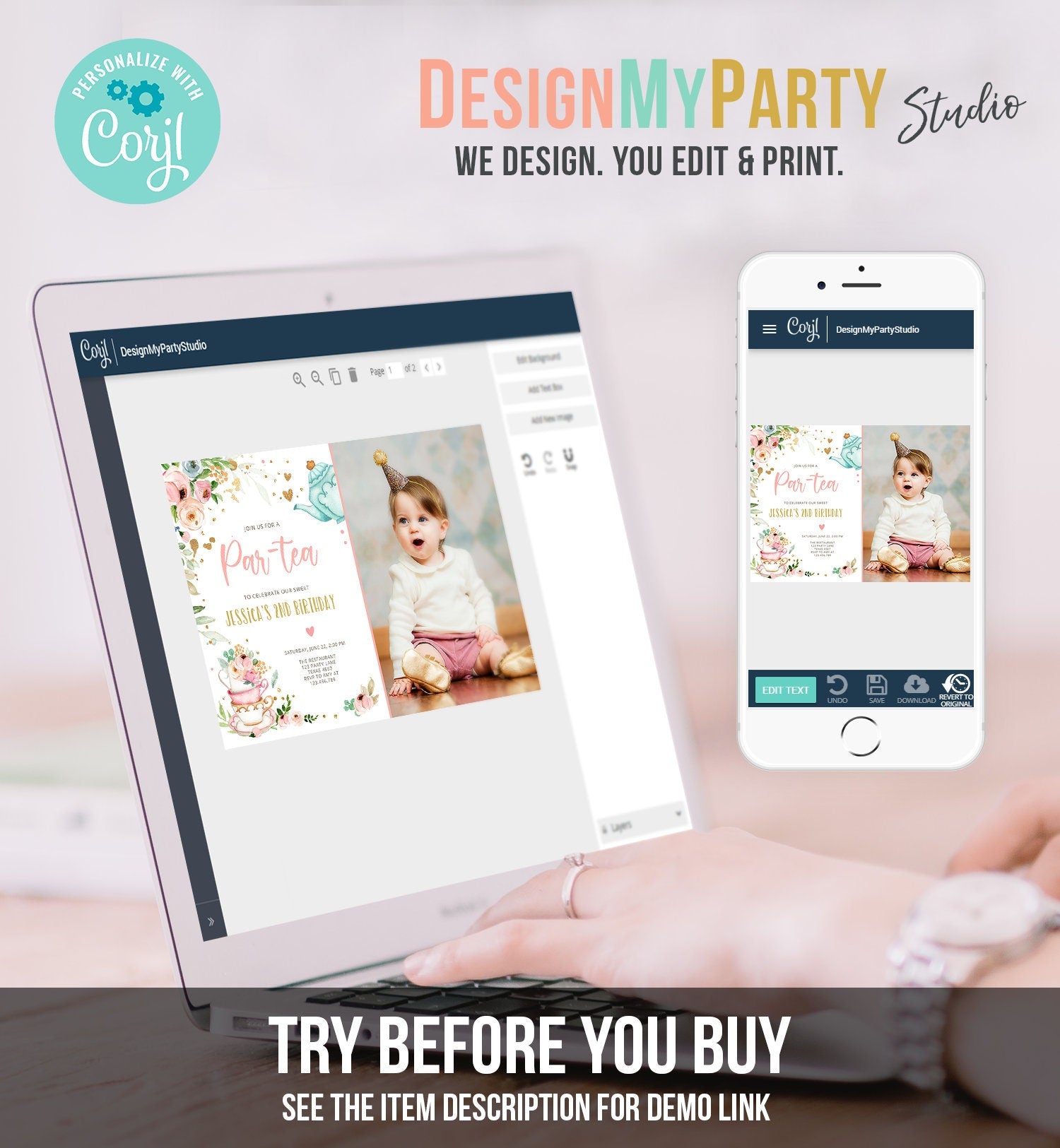 Editable Tea Party Birthday Invitation Par-Tea Birthday Invite Pink and Gold Floral Whimsical Download Printable Template Corjl Digital 0349