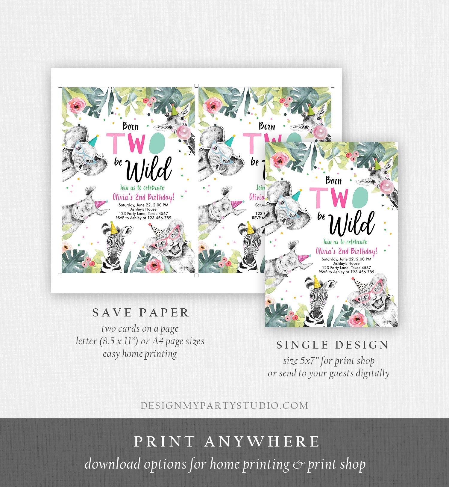 Editable Born Two Be Wild Birthday Invitation Girl Two Party Animals Pink Gold Safari Zoo Second Birthday 2nd Template Corjl Printable 0322