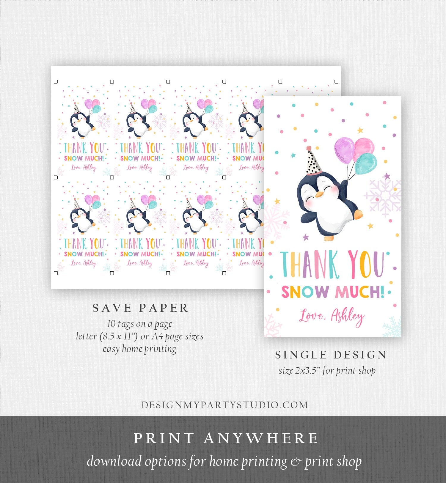 Editable Penguin Favor Tag Winter Birthday Tag Winter Onederland Thank You Gift Tags Pink Girl Party Animal Digital Template Printable 0372
