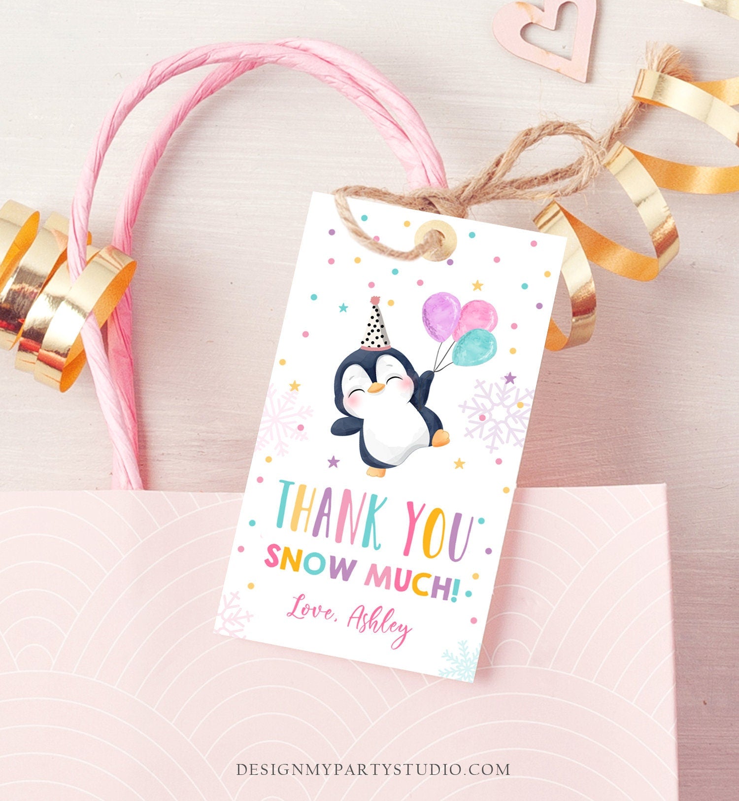 Editable Penguin Favor Tag Winter Birthday Tag Winter Onederland Thank You Gift Tags Pink Girl Party Animal Digital Template Printable 0372